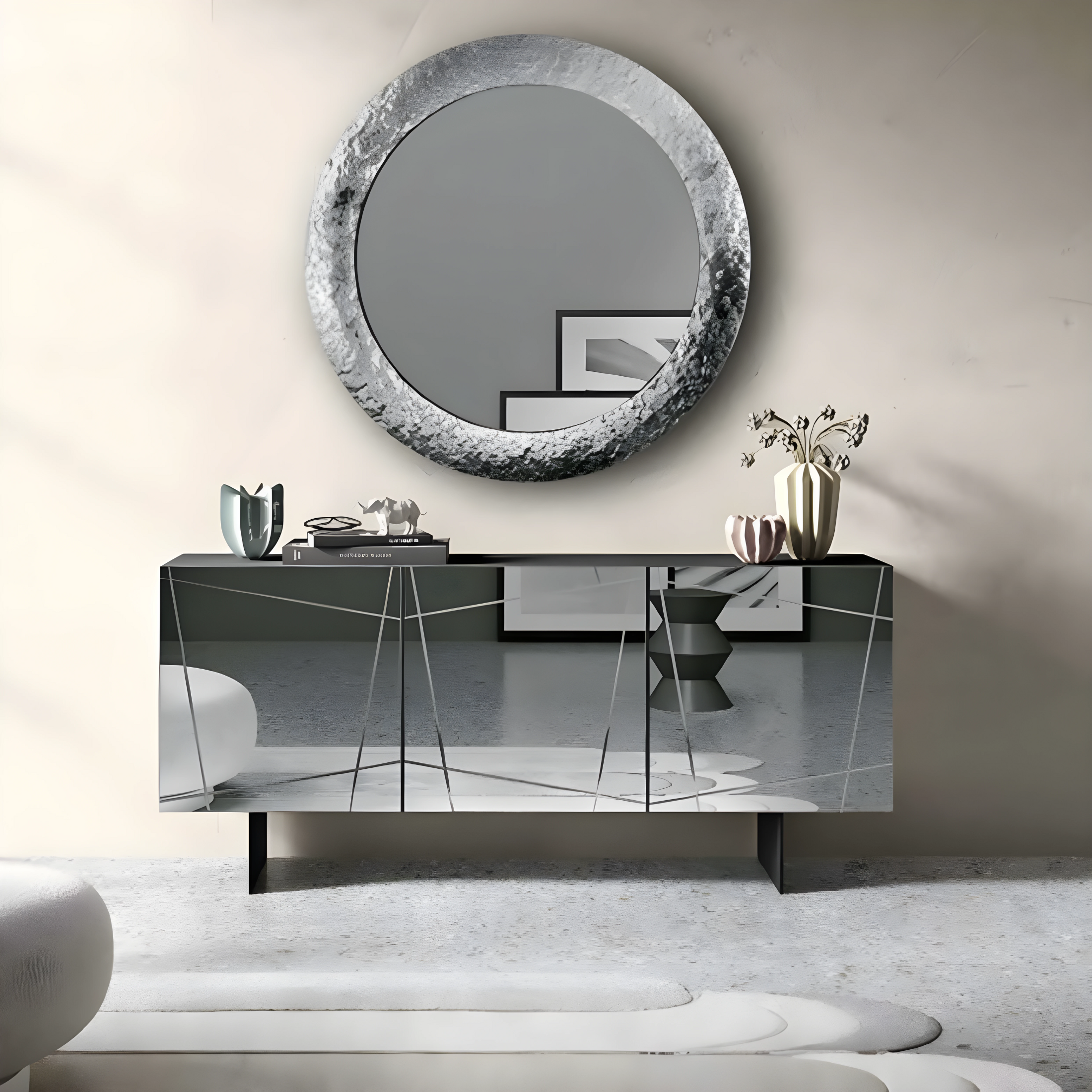 Buffet moderne déjà assemblé en bois "Iside" 3 portes miroir 180x50 h80 cm