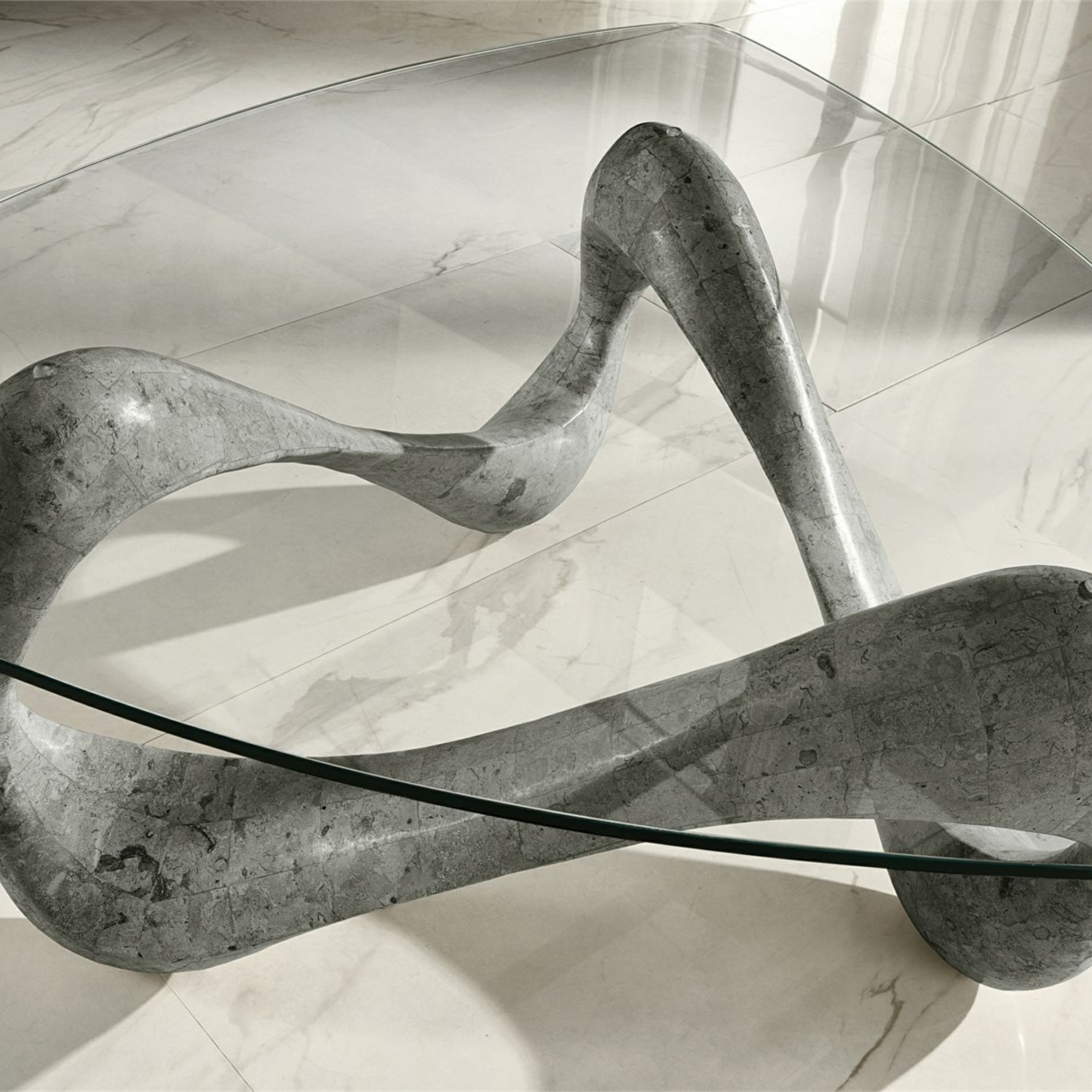 Mesita baja en piedra fósil "Tetris" tapa de cristal templado 100x100 cm 42,5h