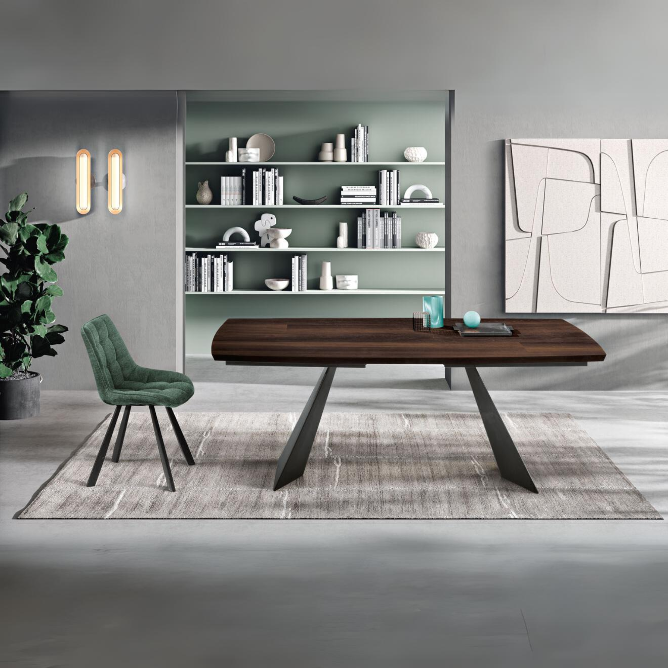 Tavolo allungabile moderno "Nora" con base in metallo e piano in rovere