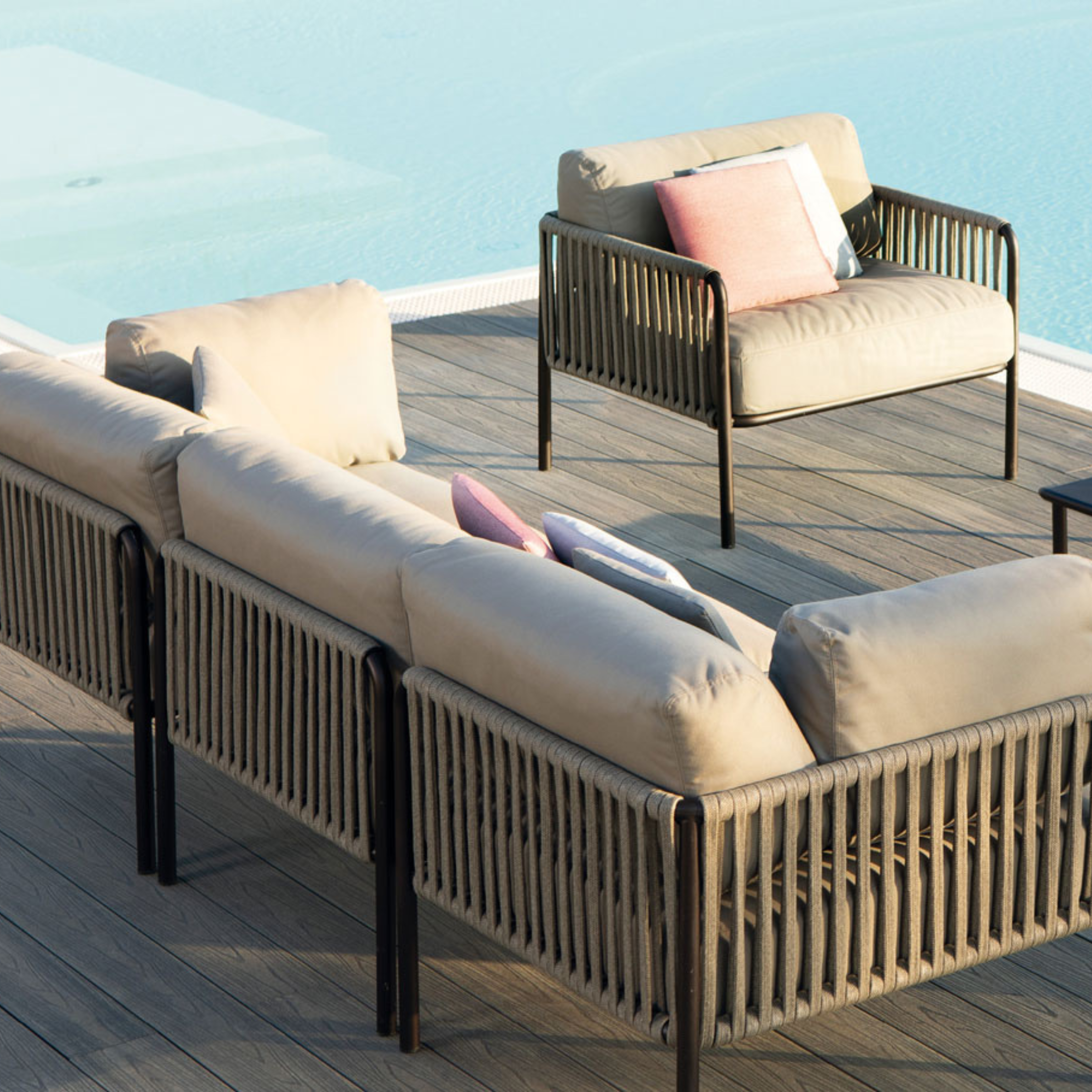 Module canapé d'angle avec dossier en corde "Key West" avec coussins 80x80 cm 64h