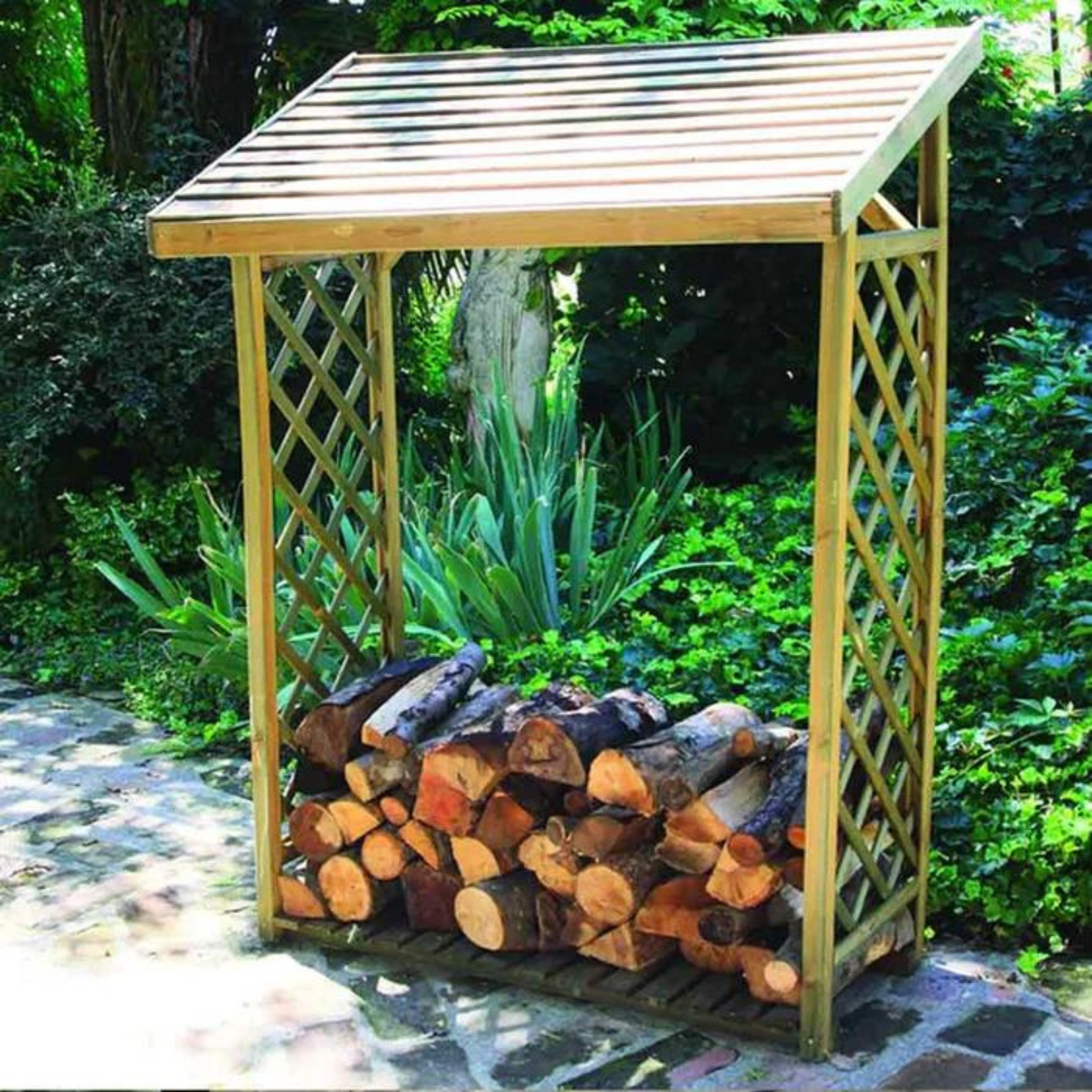 Porta legna in legno di conifera di massello con griglie laterali e tetto mt 1,33x0,67 1,75h