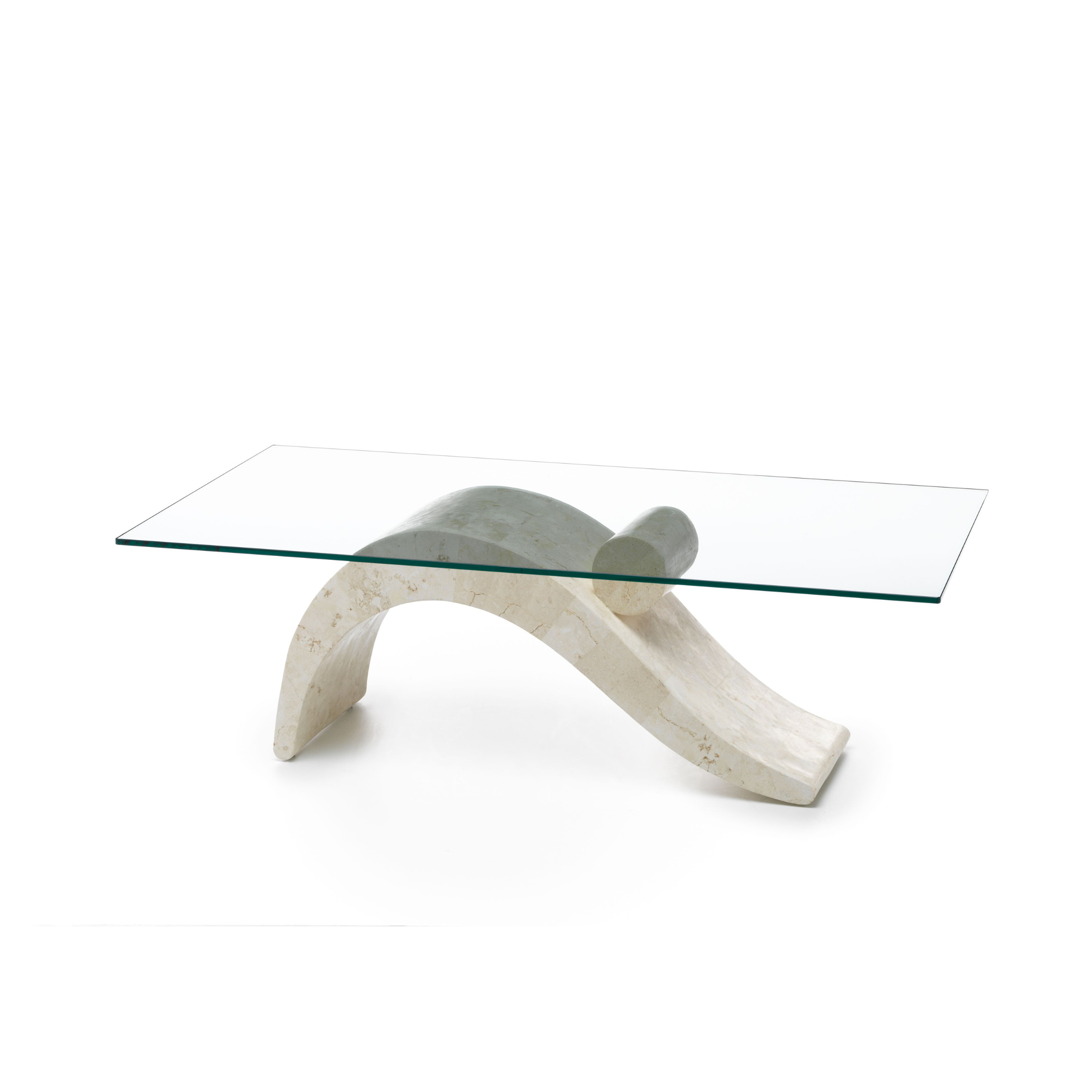 Mesita baja en piedra fósil "Paloma" tapa de cristal templado 120x70 cm 40h