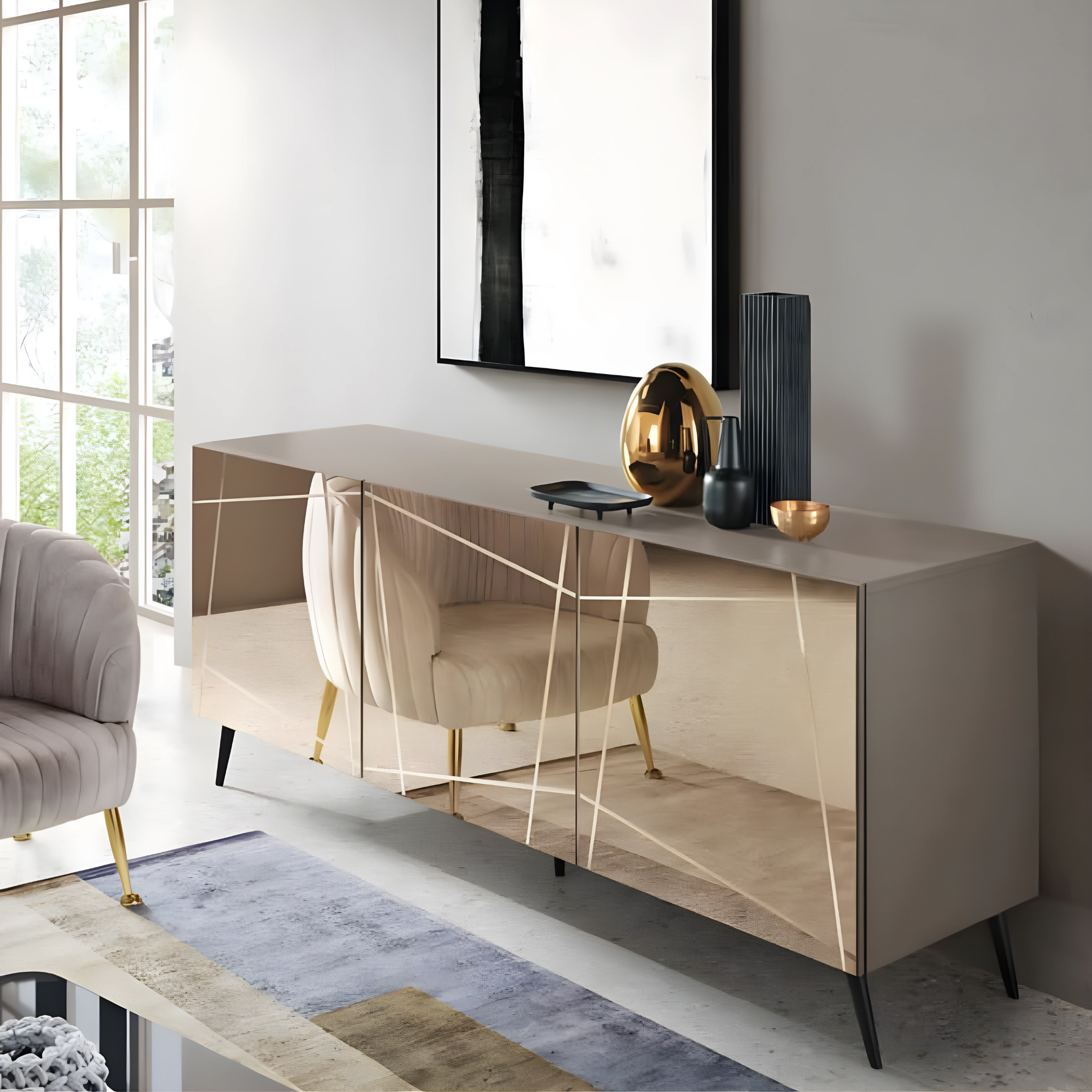 Buffet moderne déjà assemblé en bois "Iside" 3 portes miroir 180x50 h80 cm