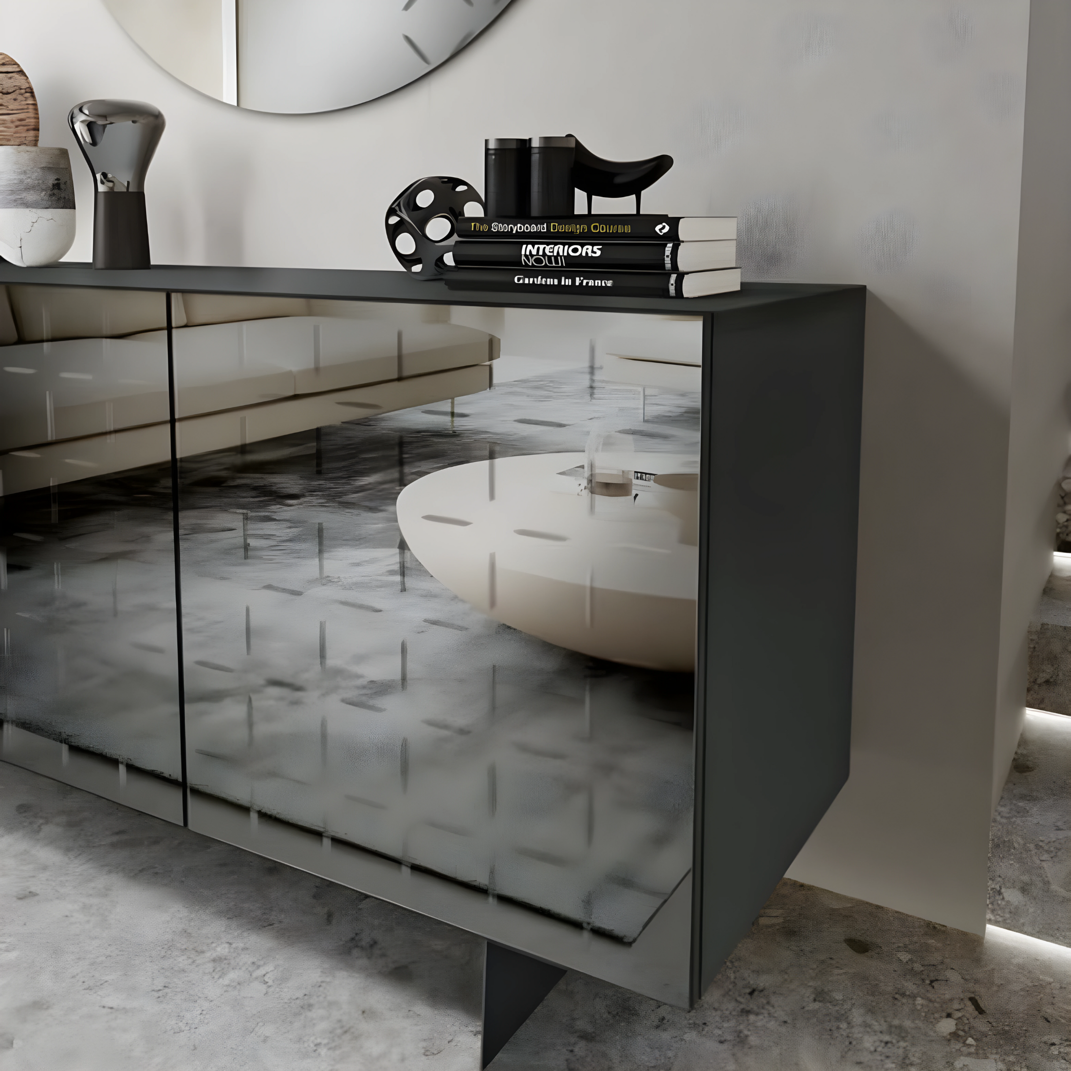 Buffet moderne 3 portes "Cassia" en mélaminé avec miroir 180x50 h80 cm