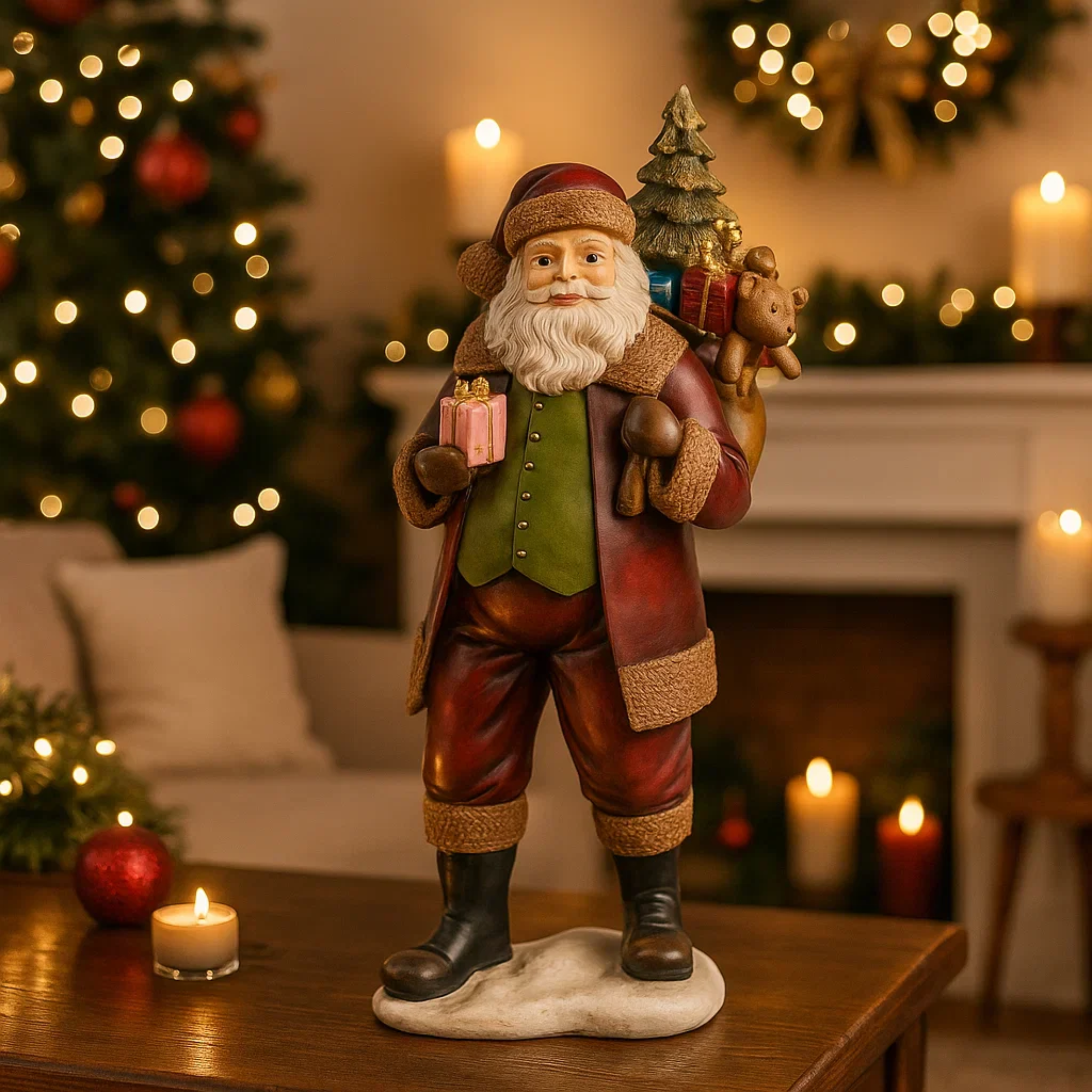 Statuetta babbo natale con sacco in resina per decorazioni natalizie