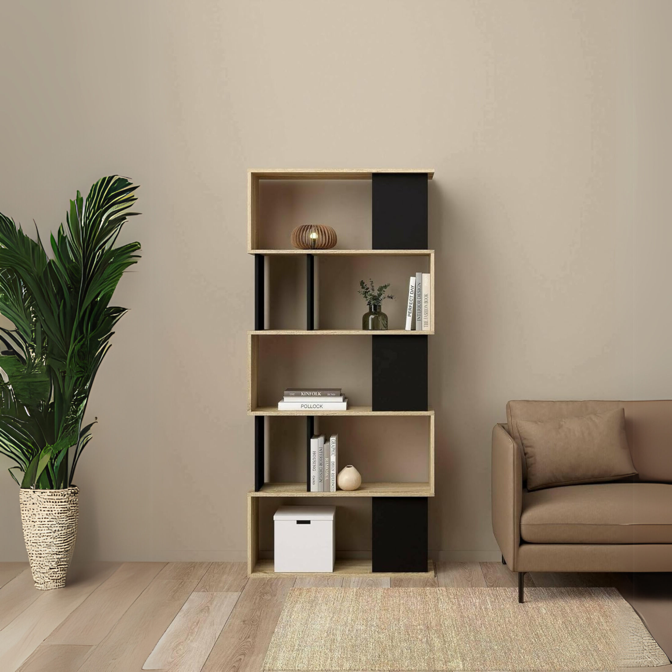 Librería alta abierta Alida con 5 estantes de madera 90x25 cm 180h