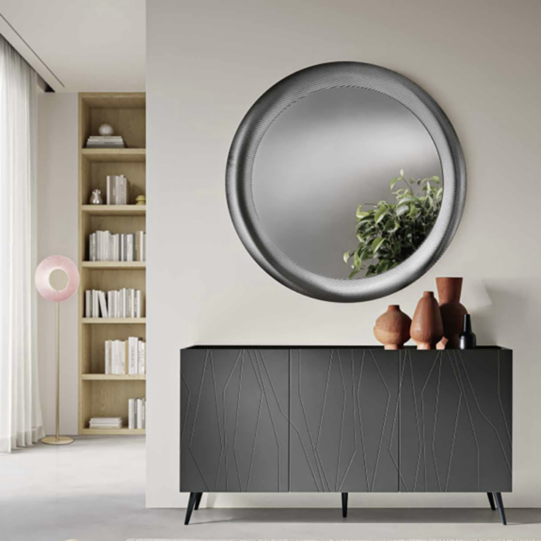 Buffet moderne 3 portes "Tigua" Plateau miroir fumé ou bronze déjà assemblé 169x50 cm 89h
