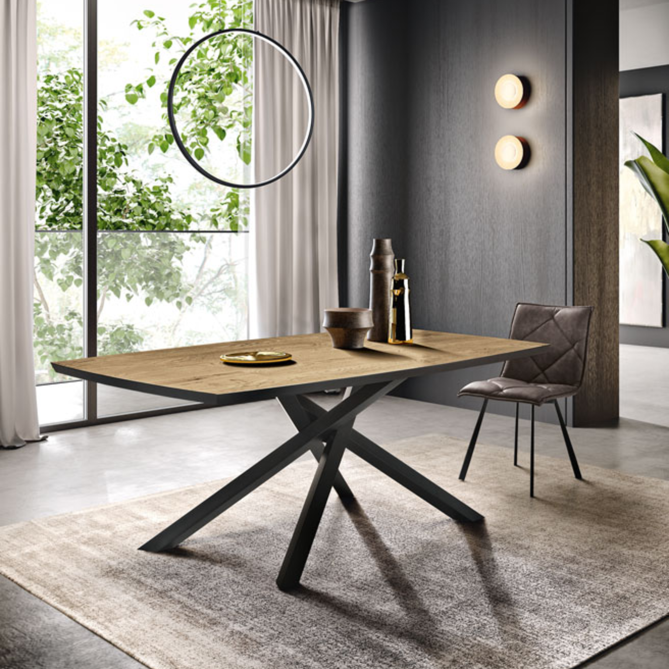 Tavolo moderno fisso da pranzo "Alan" con base in metallo e piano in rovere