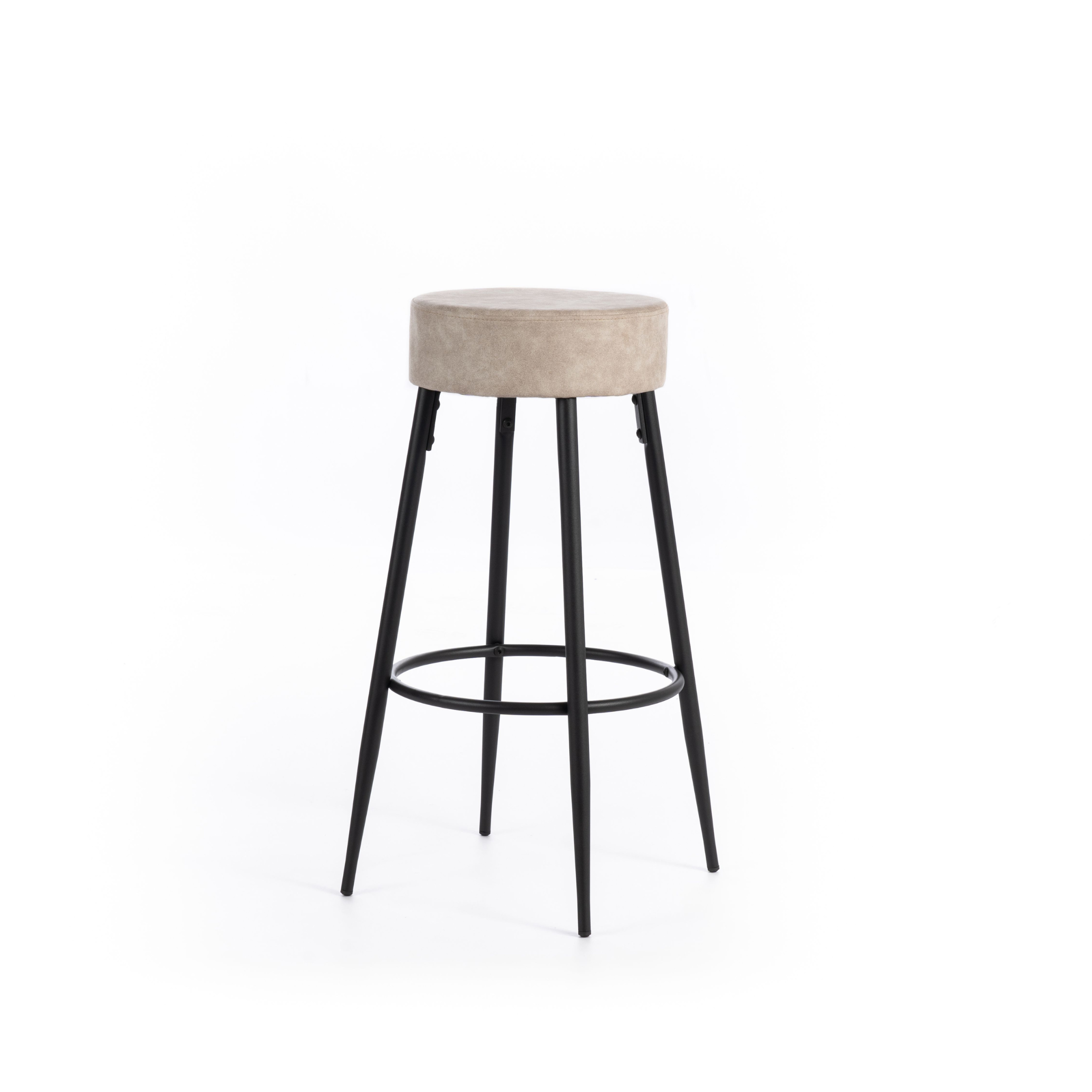 Set di sgabelli alti tondi "Ron" in tessuto imbottito beige con poggiapiedi cm 51x51 77,5h