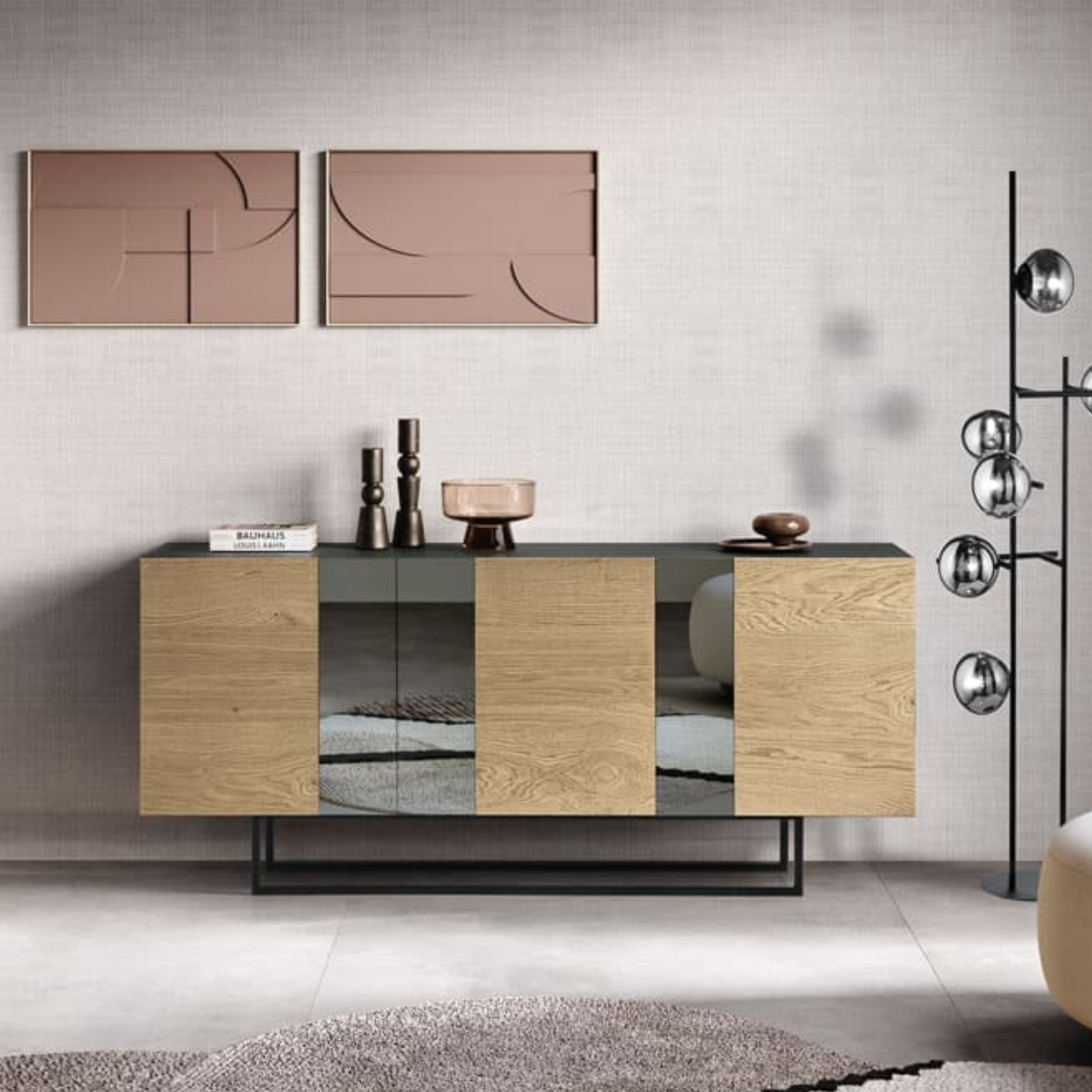 Buffet moderne avec 3 portes déjà assemblées "Romeo" en bois avec inserts miroir 180x50 cm 80h