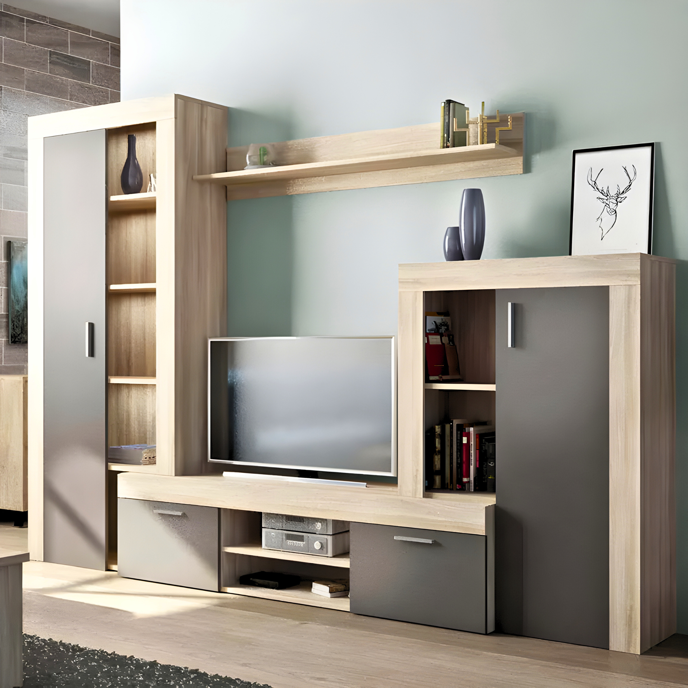 Kit parete attrezzata da soggiorno "Nobel" in legno naturale e antracite cm 263x40 200h