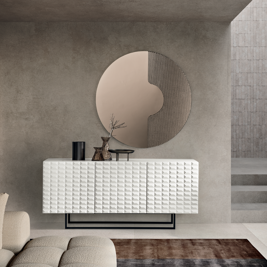 Madia da soggiorno bianca "Palatina" con slitta in metallo nera