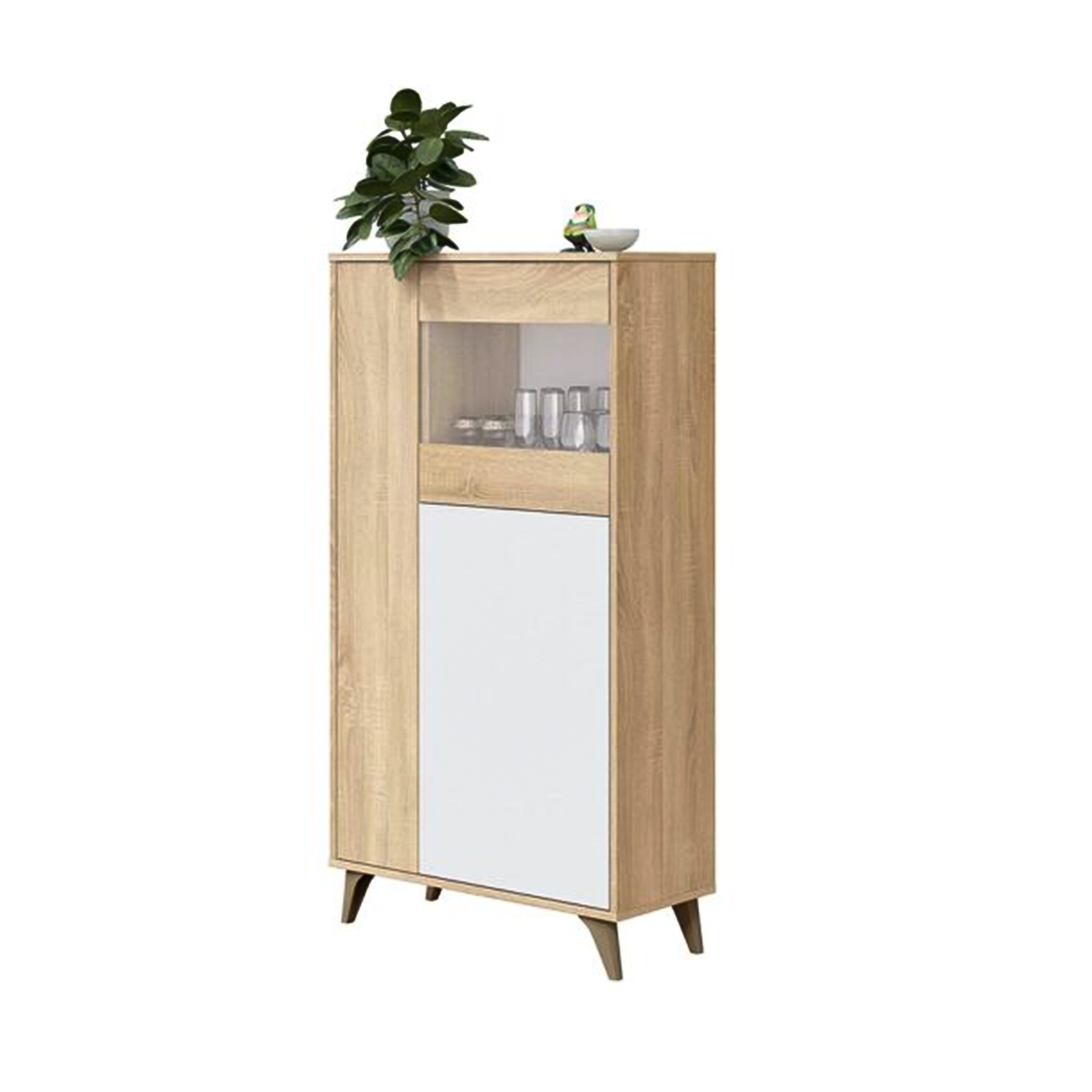 Kit Mobile moderno Kikua con vetrina bianco rovere a 3 ante da soggiorno