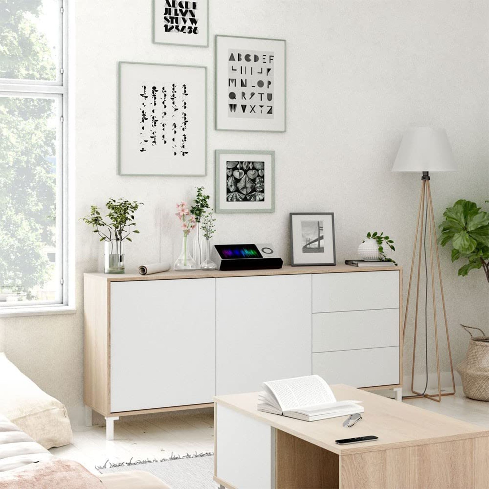 Credenza Brooklyn in truciolare rovere e bianco a 2 ante con 3 ripiano cm 154x41 74h
