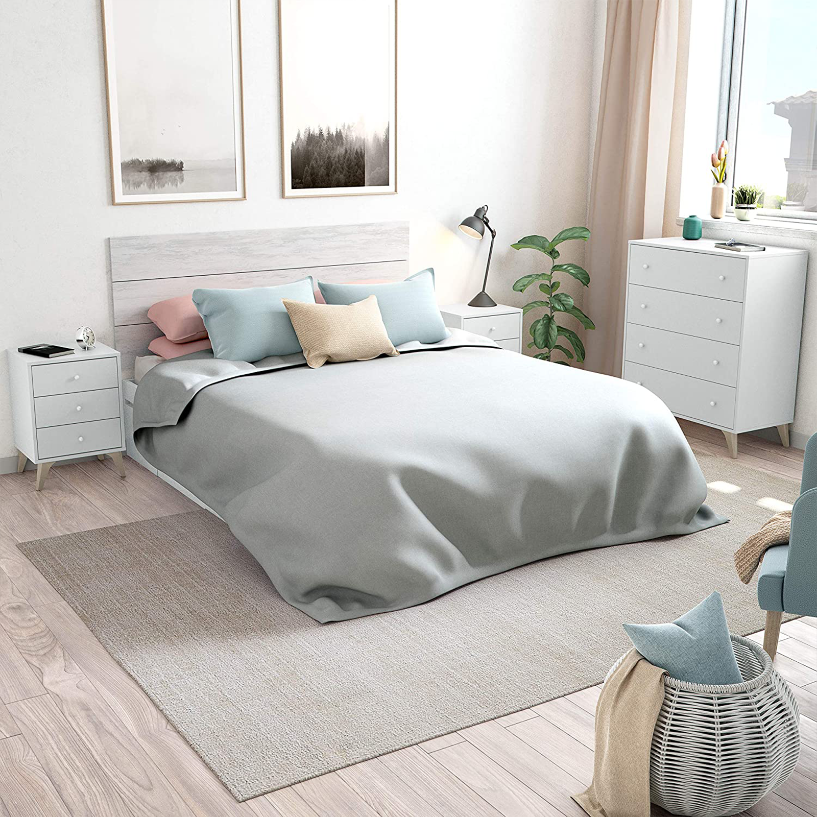 Set mobili per camera da letto Sweet cassettiera e comodino in truciolare bianco