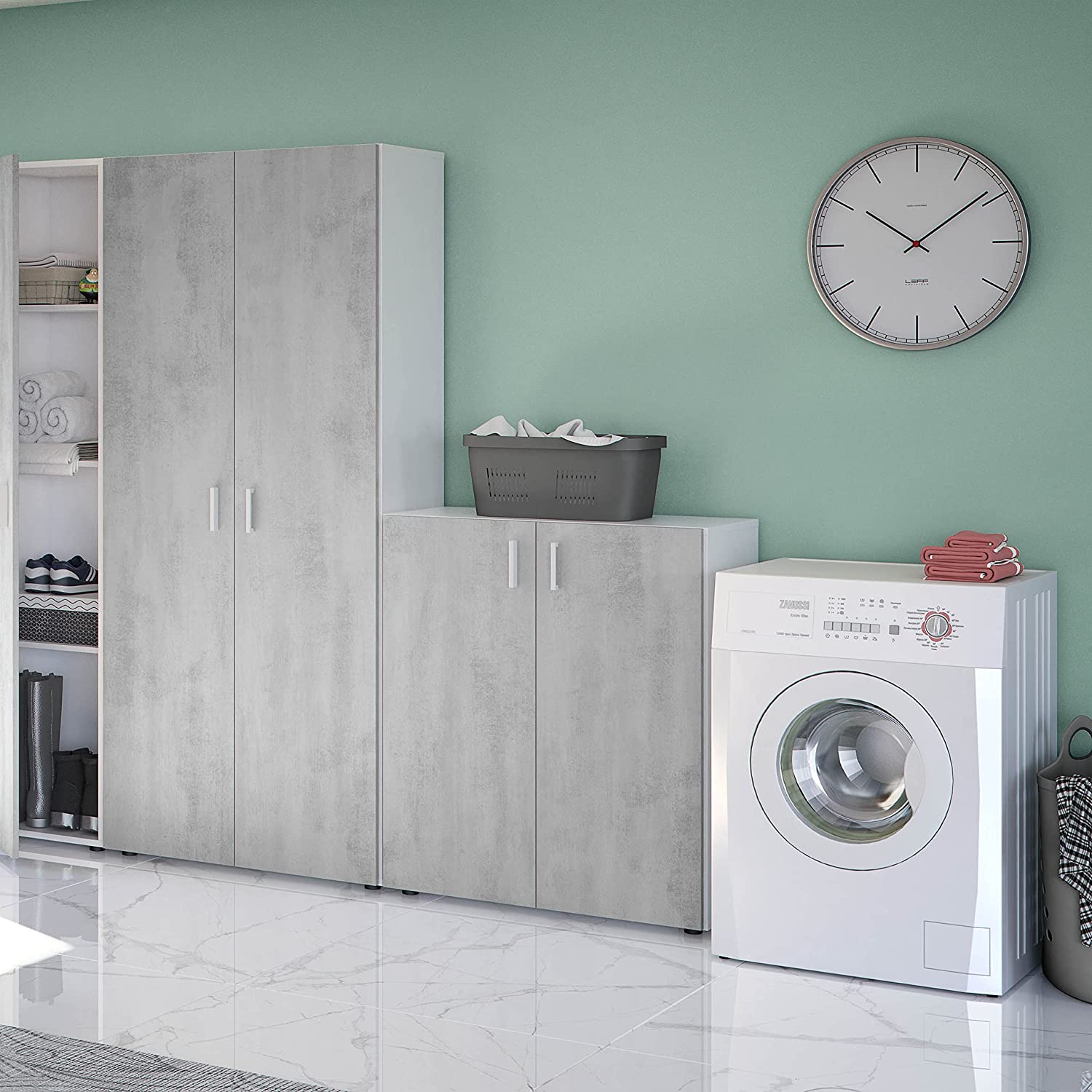 Set armadio alto o basso Multiusos in truciolare finitura cemento mobile per lavanderia