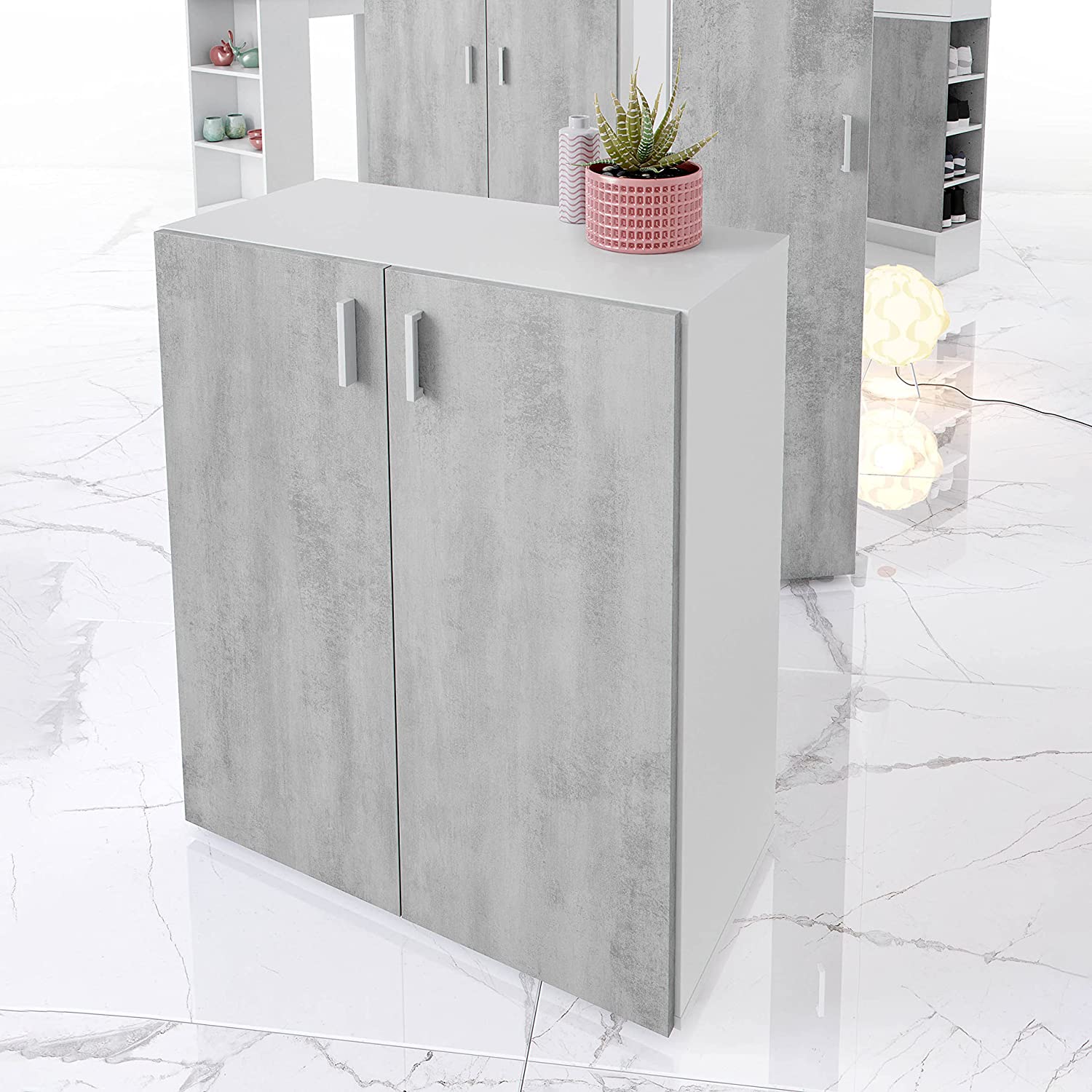 Set armadio alto o basso Multiusos in truciolare finitura cemento mobile per lavanderia