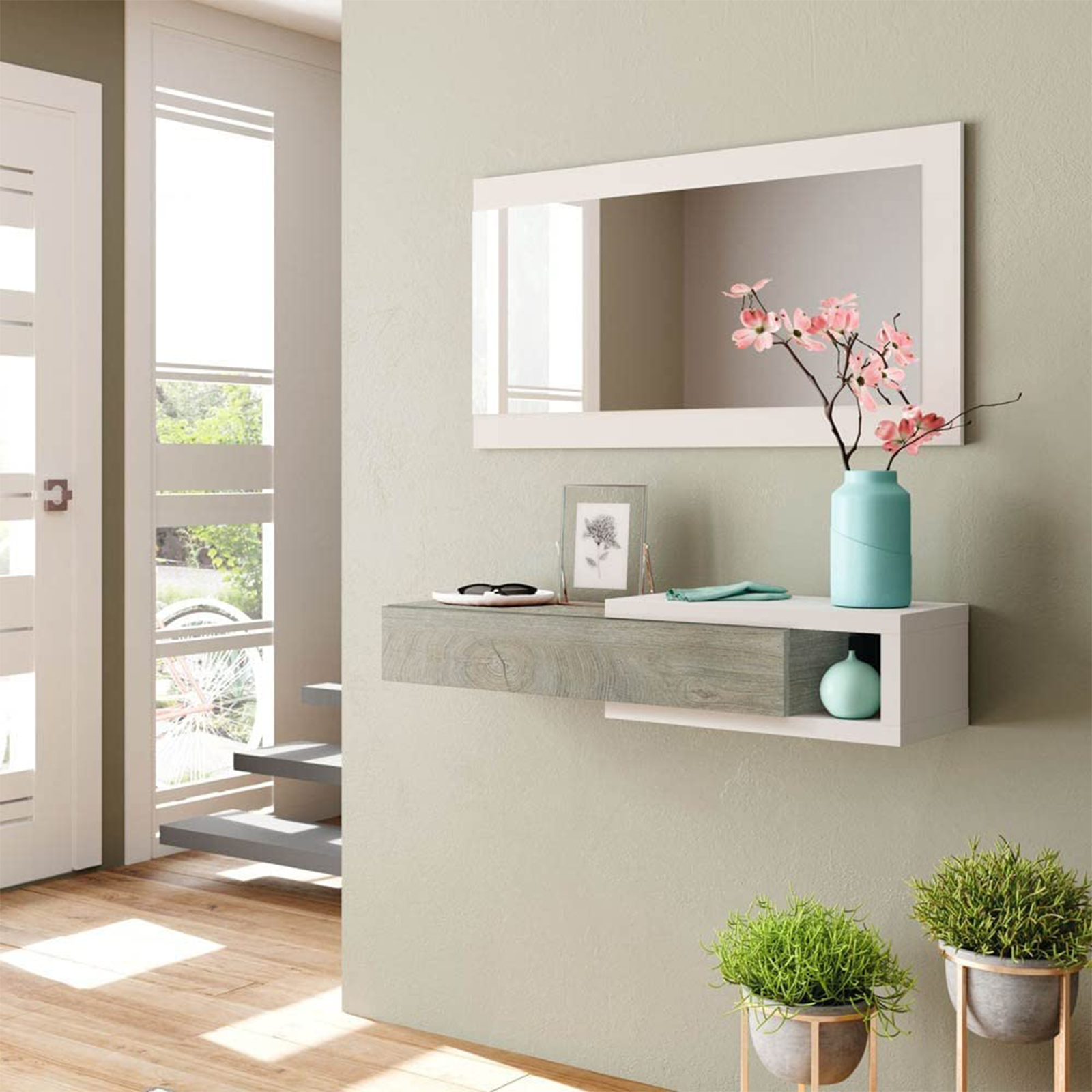 Kit Mobile da ingresso sospeso con specchio Noon in truciolato cm 95x26 19h