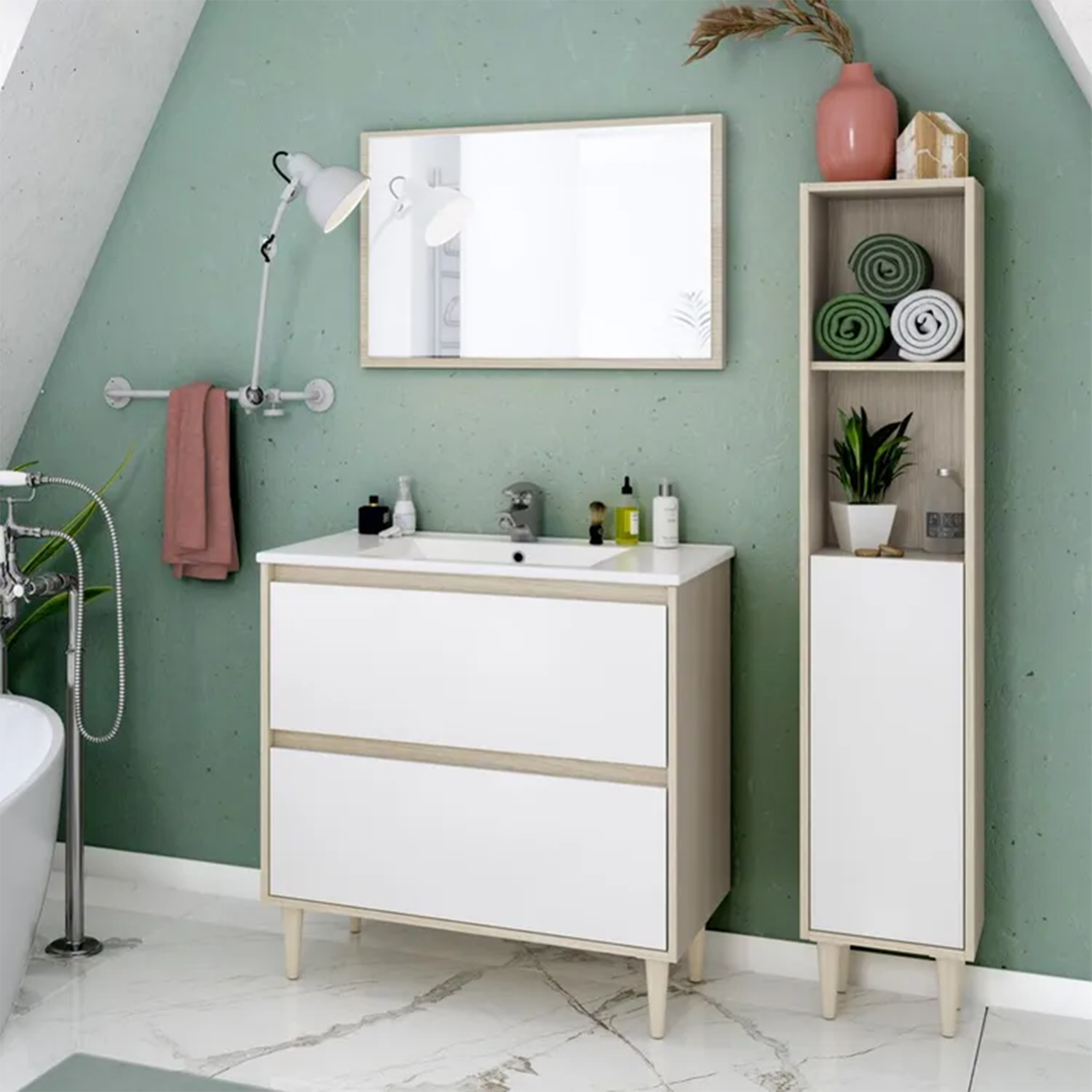 Colonne suspendue mobile de salle de bain Vérone avec 1 porte et 2 étagères apparentes en aggloméré blanc et chêne