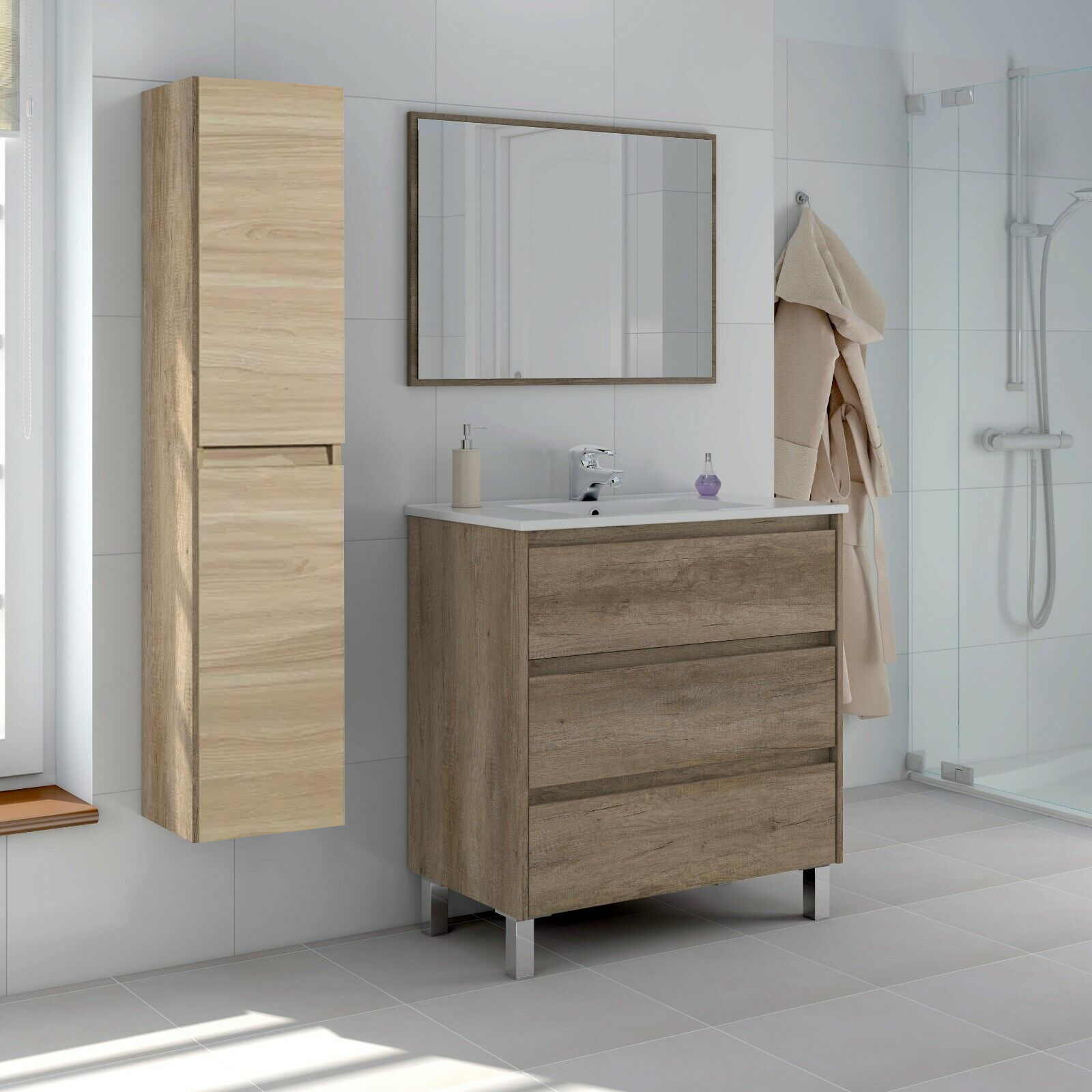 Colonne suspendue mobile de salle de bain New Splash avec 2 portes en bois de chêne 31x33,5 cm 138h