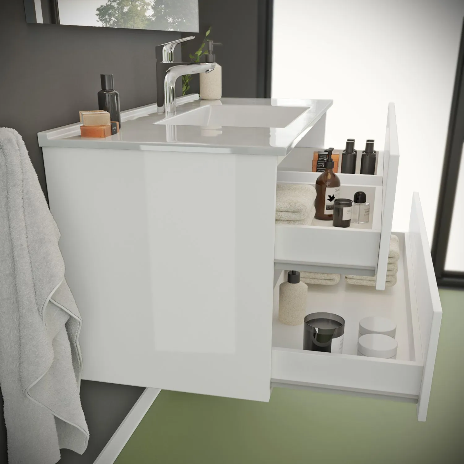 Mobile sotto lavabo sospeso New Splash cassettiera in truciolare con specchio cm 102x47 53h