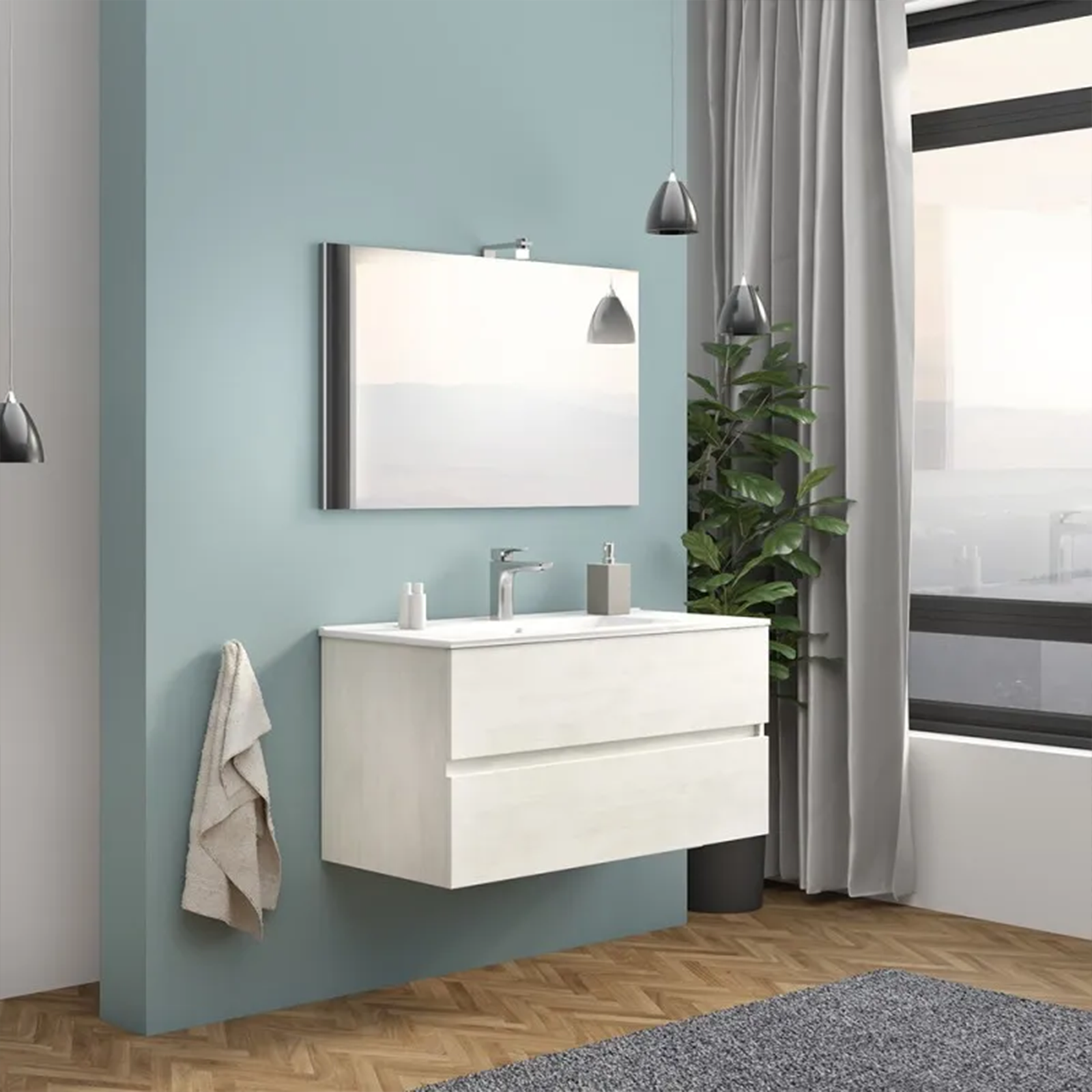 Mobile sotto lavabo sospeso "New Splash" cassettiera in truciolare con specchio