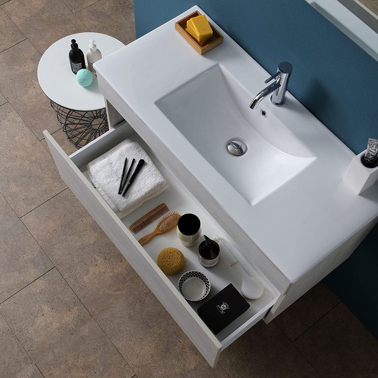 Mobile da bagno sospeso "Bogotà" con lavabo in ceramica cassettiera e specchio led