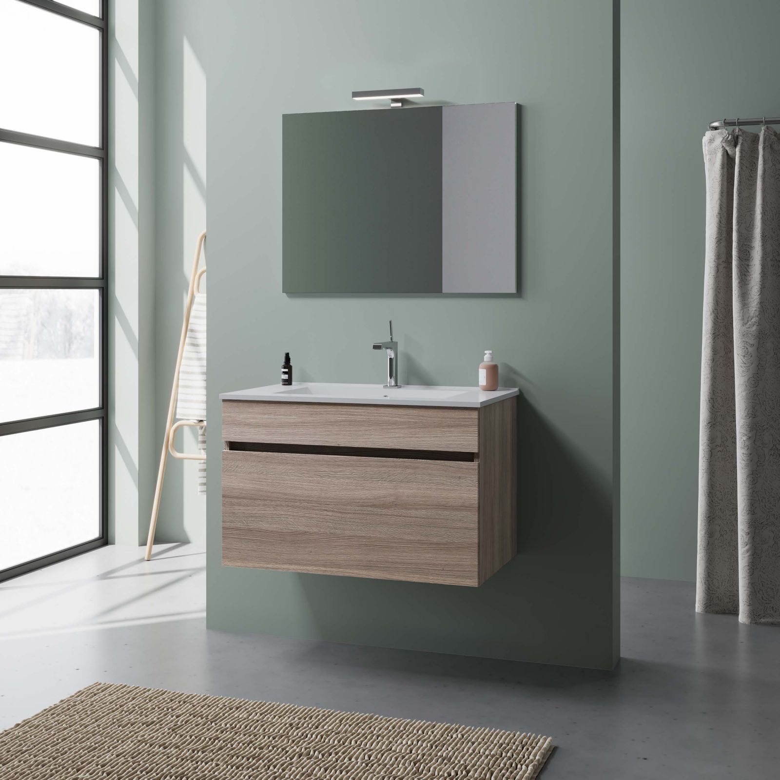 Mobile da bagno sospeso "Bogotà" con lavabo in ceramica cassettiera e specchio led