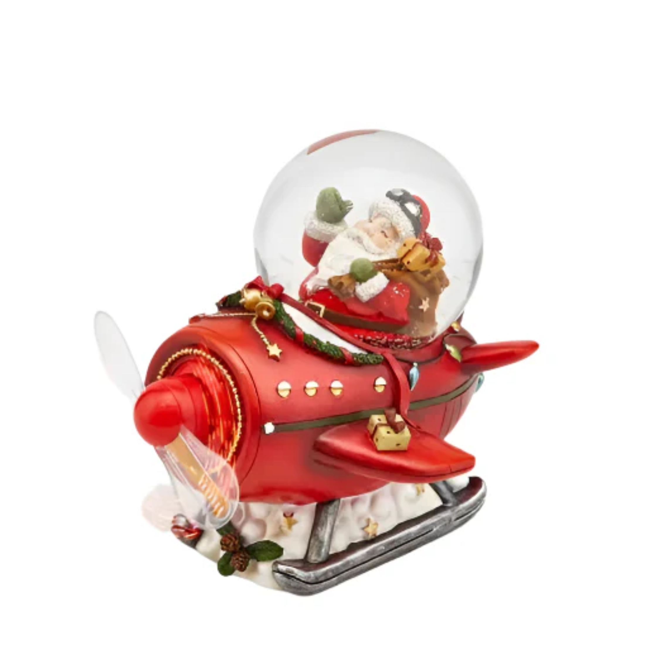 Sfera Natalizia Babbo Natale su aereo con eliche a LED con scritta “Merry Christmas” ed effetto nevicata cm 16x14 15h