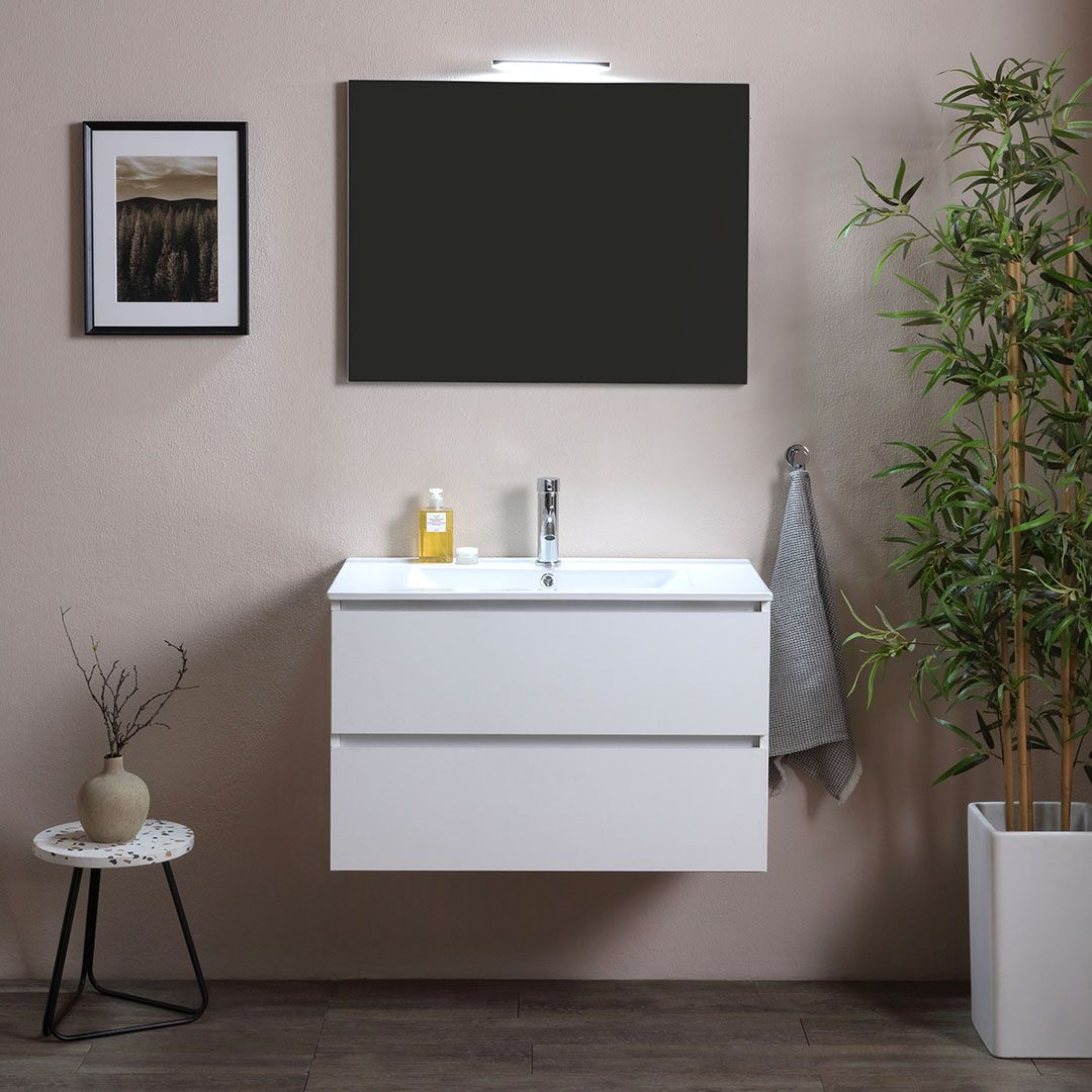 Mobile da bagno bianco "Belize80" sospeso con due cassetti e lavabo in ceramica