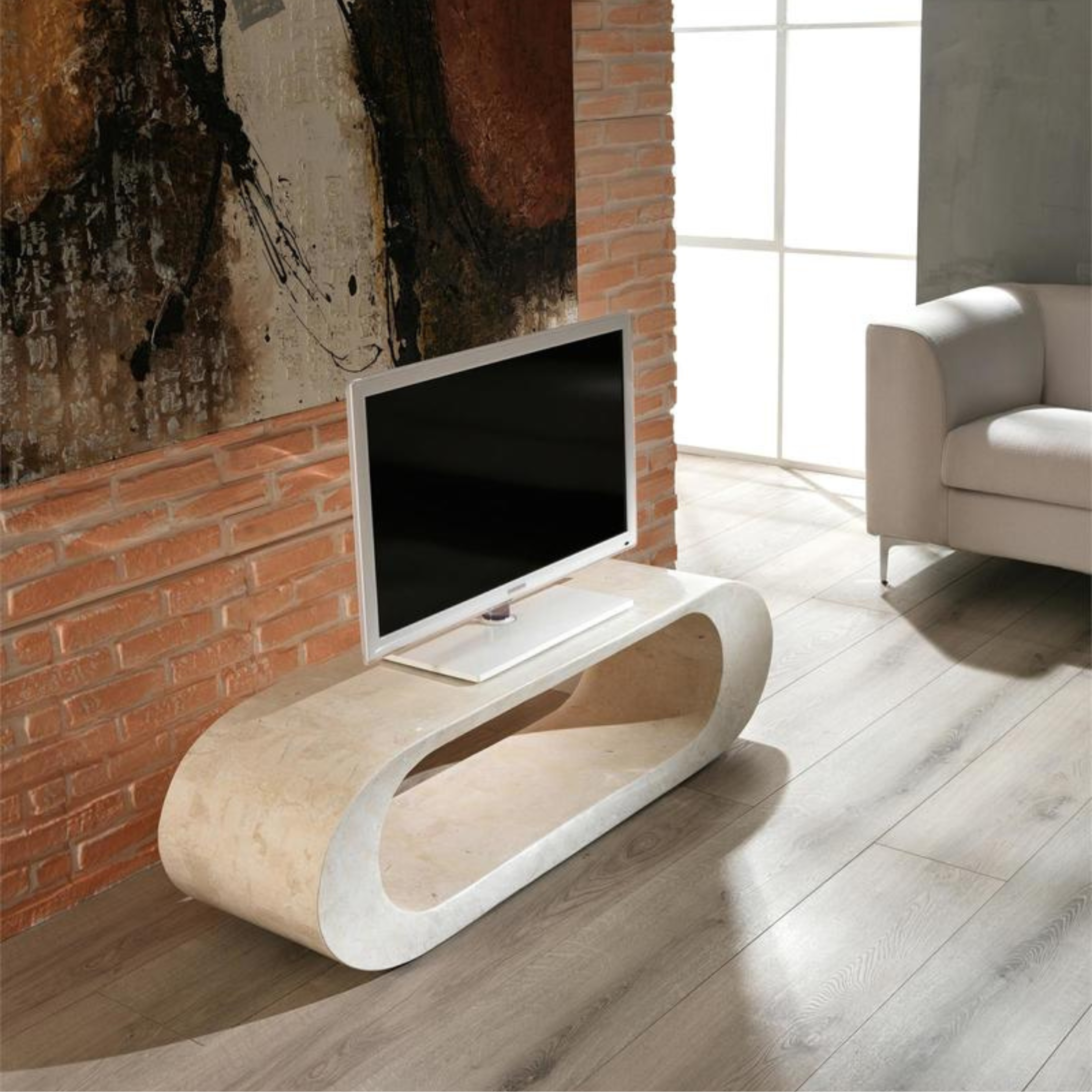 Tavolino basso in pietra fossile tavolo porta tv "Olimpia" cm 130x35 35h