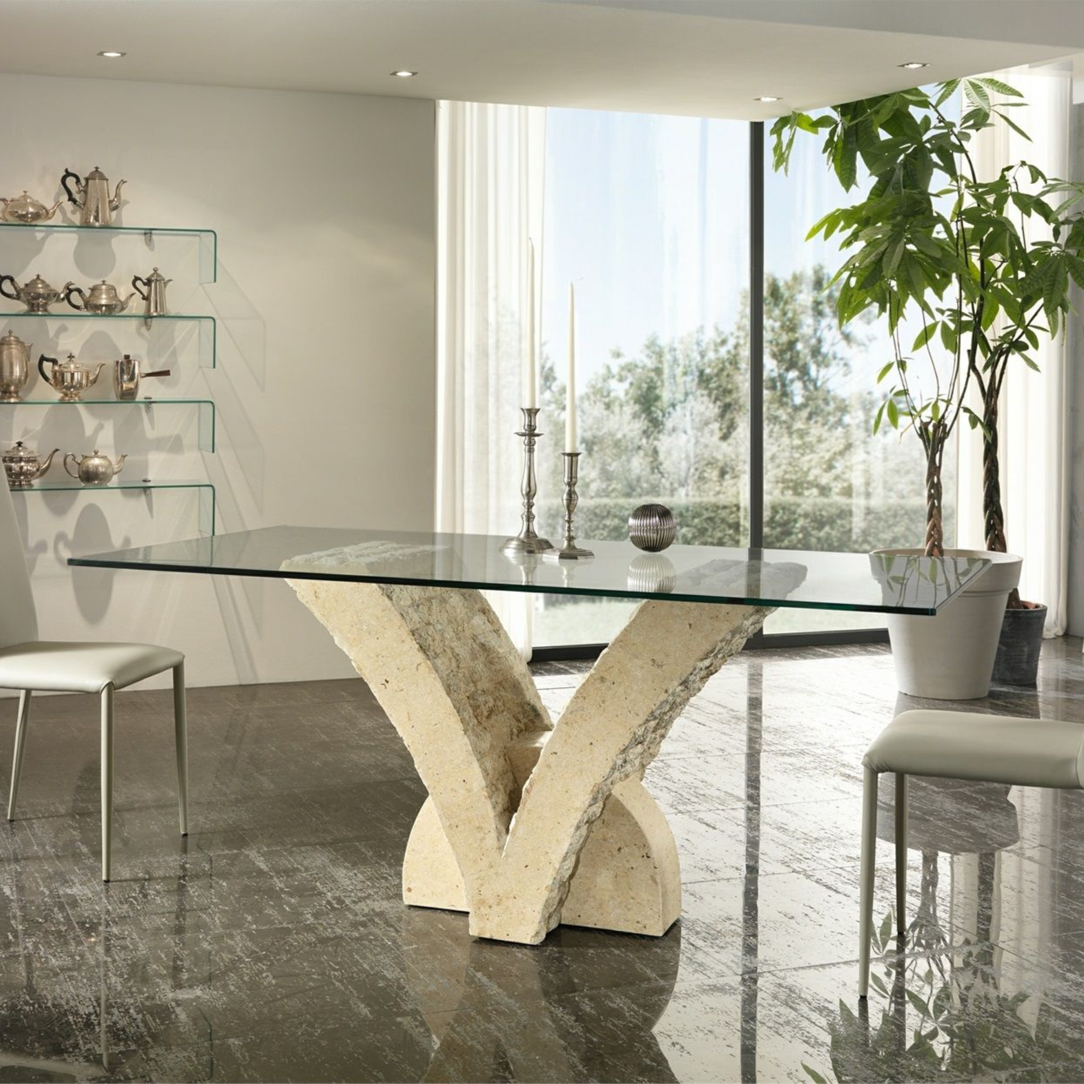 Table à manger en pierre "Papillon2" plateau verre trempé 180x100 cm 76h