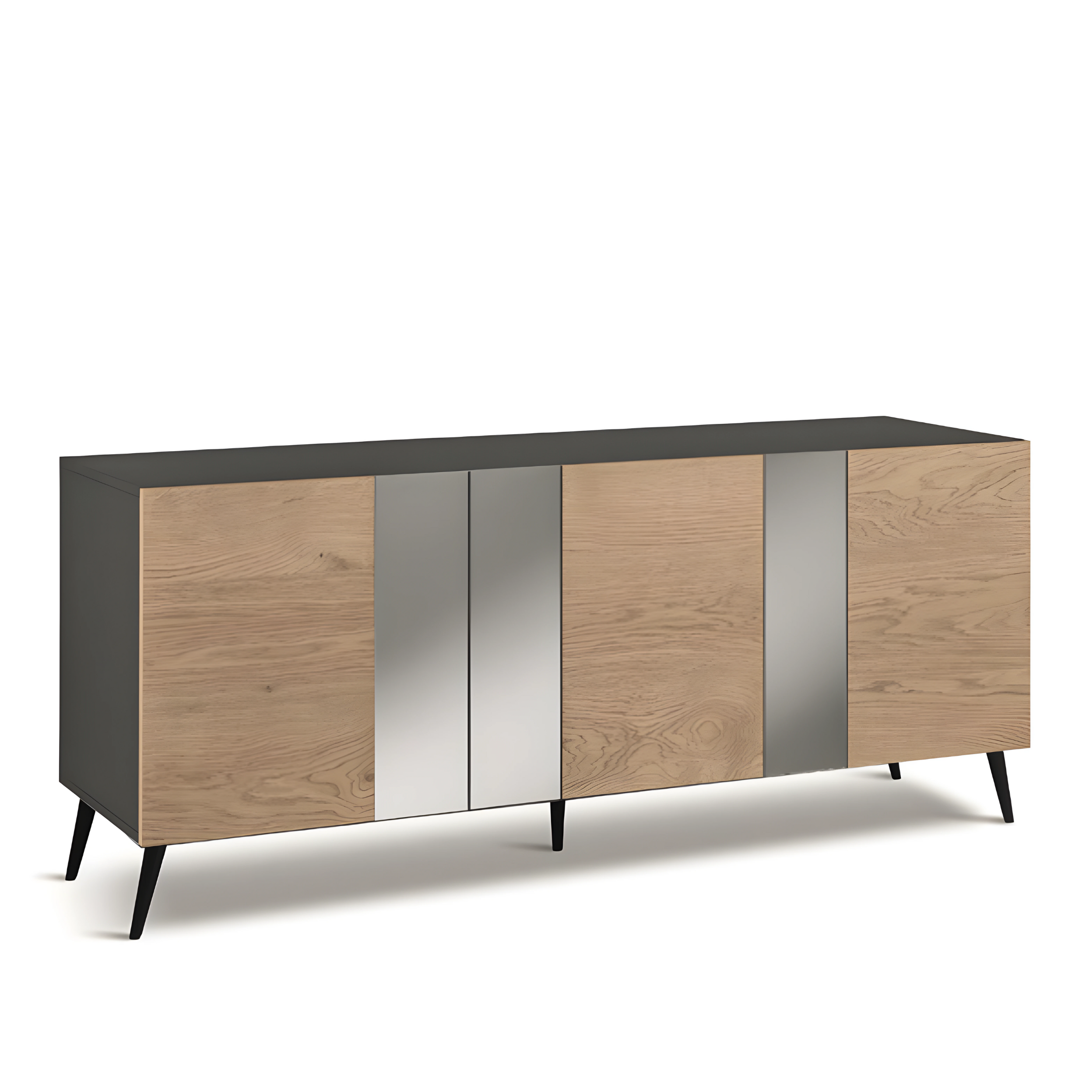 Buffet moderne avec 3 portes déjà assemblées "Romeo" en bois avec inserts miroir 180x50 cm 80h