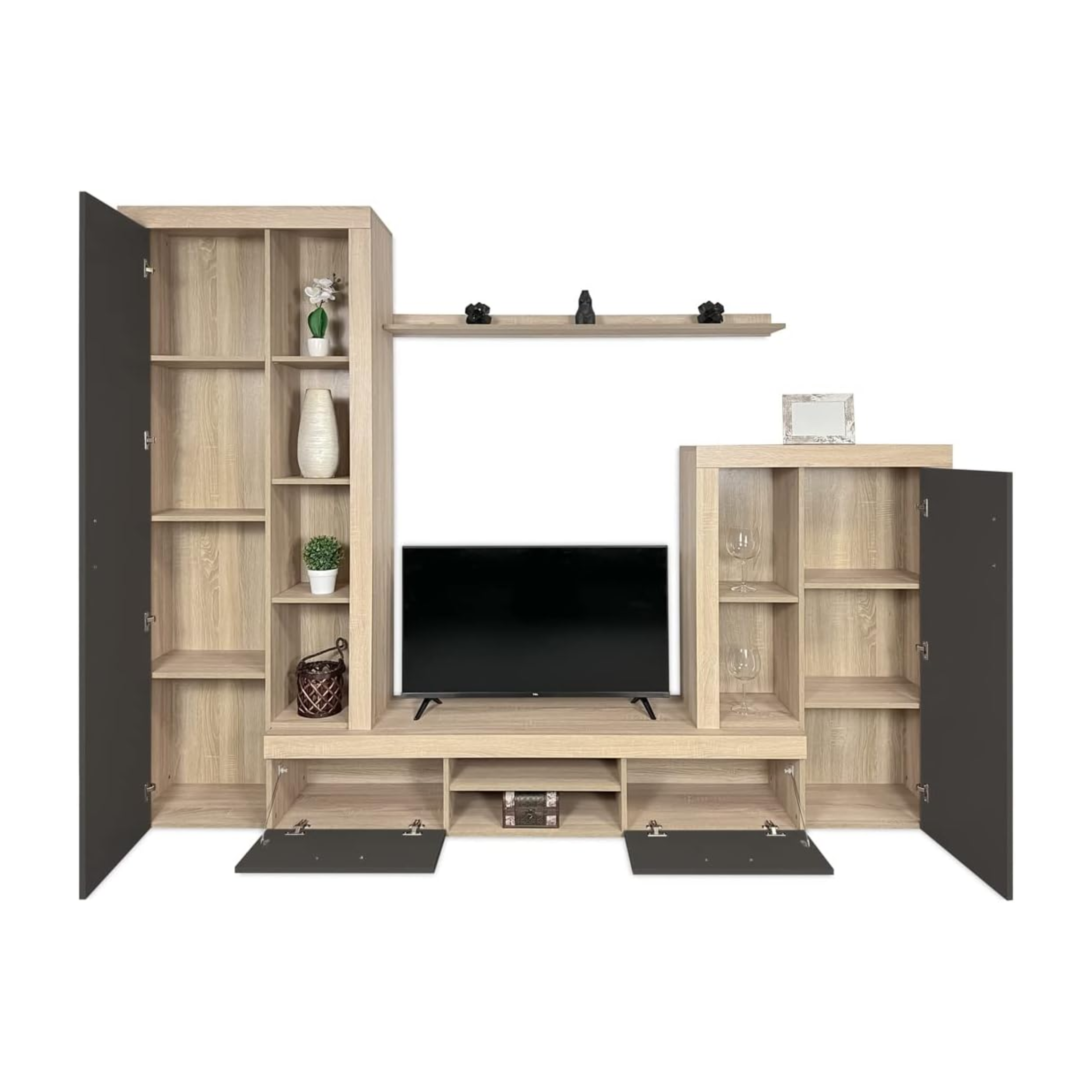 Kit parete attrezzata da soggiorno "Nobel" in legno naturale e antracite cm 263x40 200h