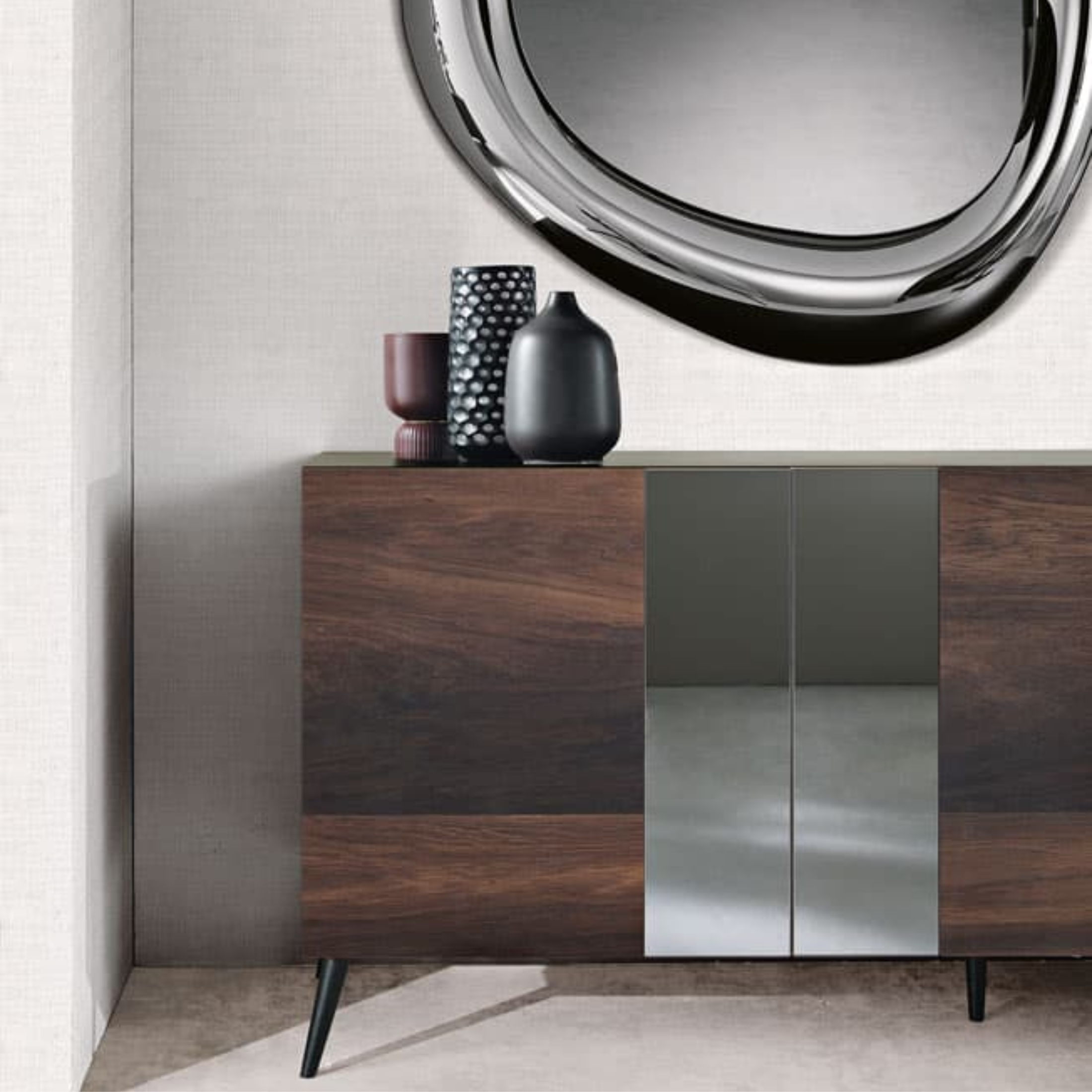 Buffet moderne avec 3 portes déjà assemblées "Romeo" en bois avec inserts miroir 180x50 cm 80h