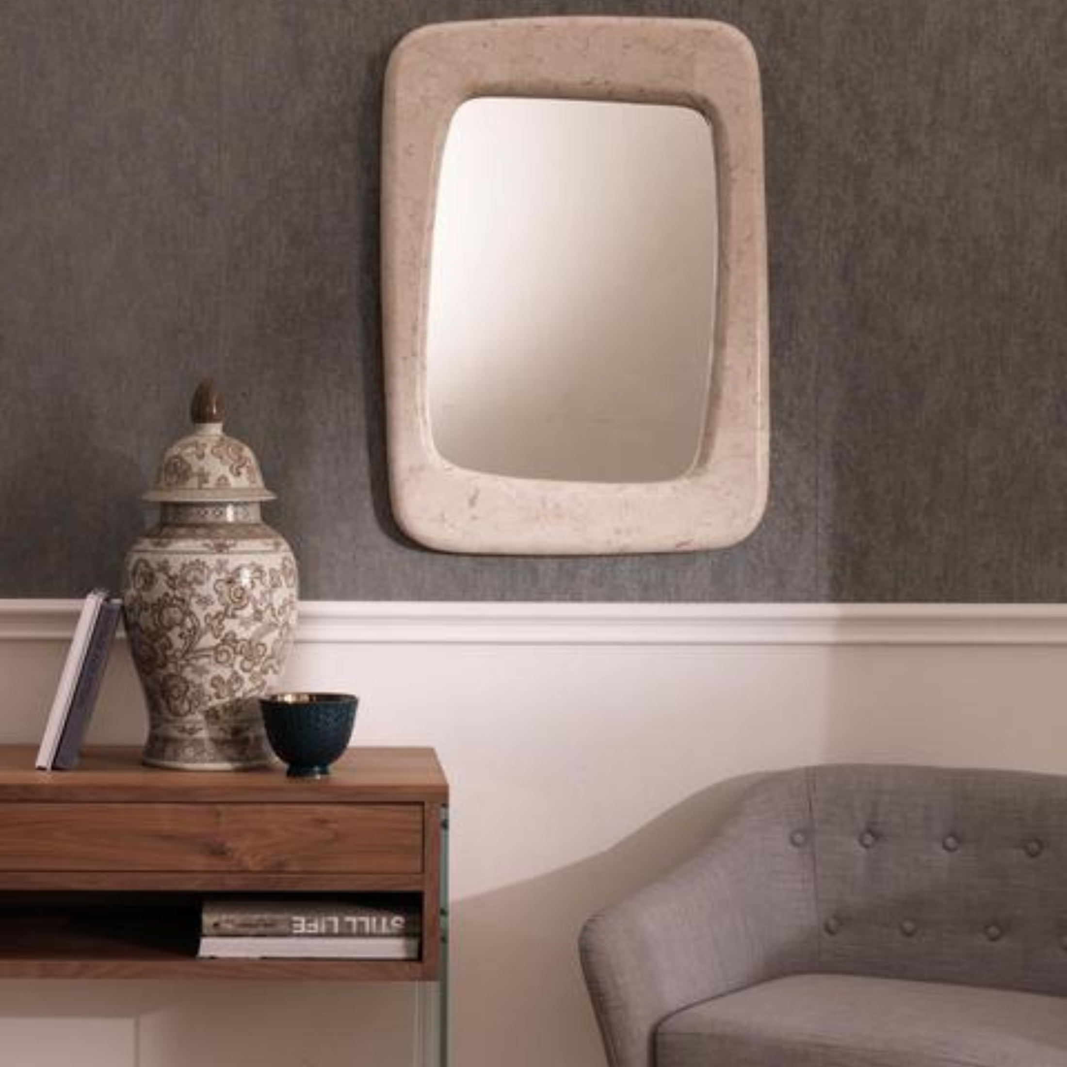 Espejo de pared "Smooth" con marco de piedra fósil 65x3,5 cm 90h