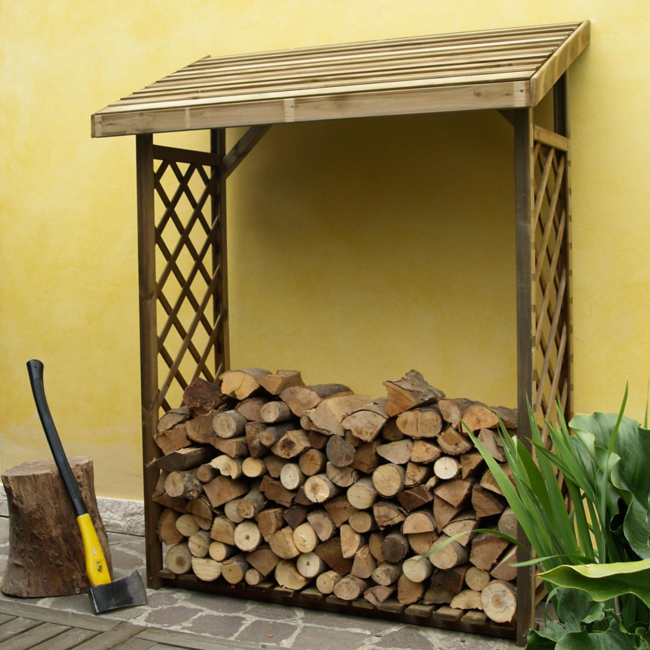 Porta legna in legno di conifera di massello con griglie laterali e tetto mt 1,33x0,67 1,75h