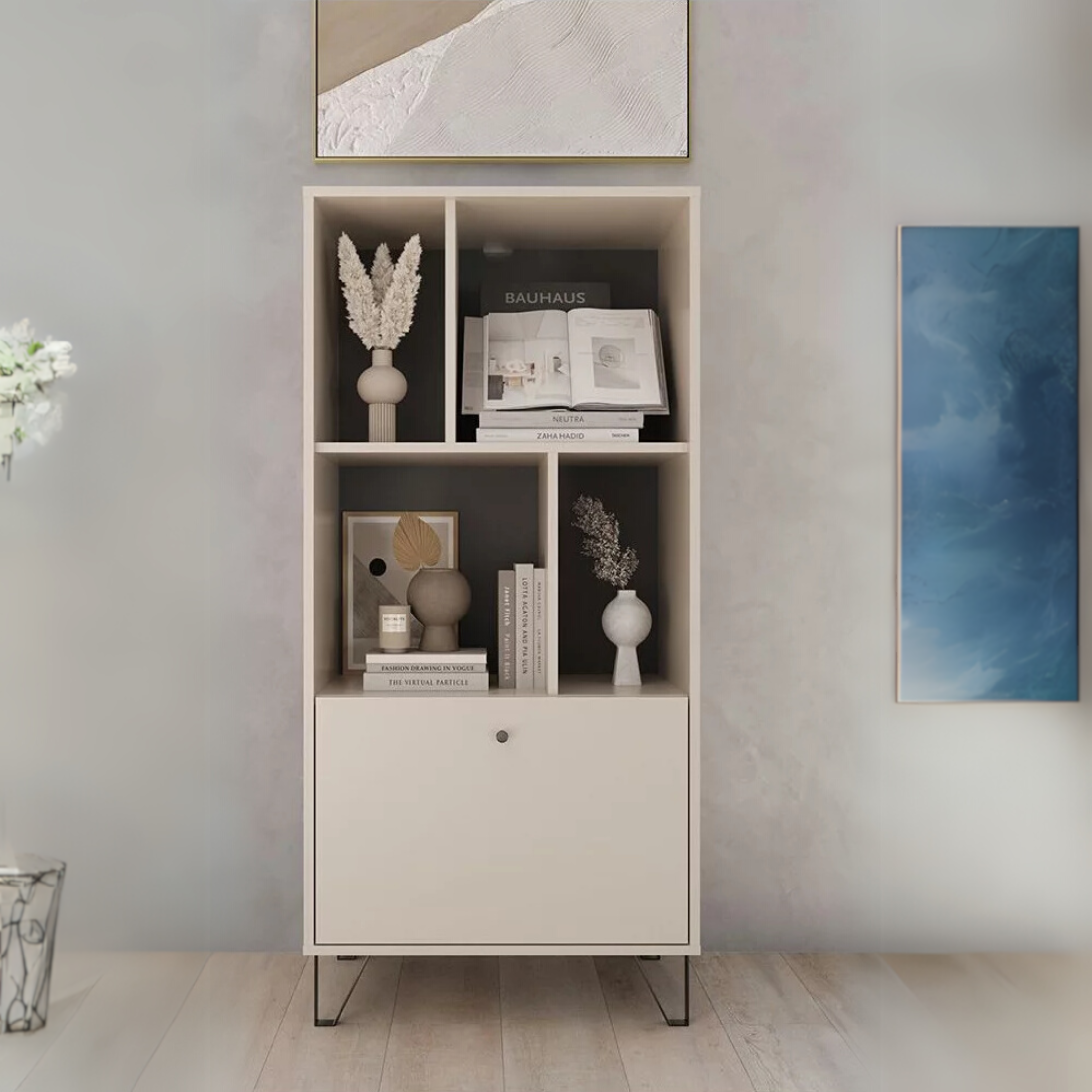 Credenza alta con vani a giorno "Aldo" in legno con piedini rialzati cm 63x40 135h