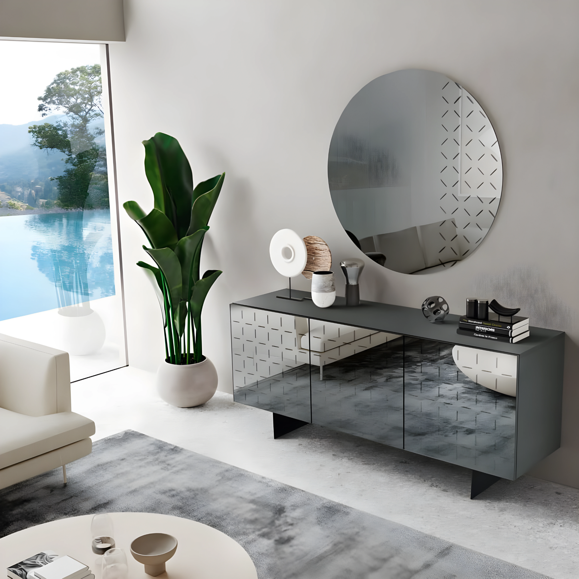 Buffet moderne 3 portes "Cassia" en mélaminé avec miroir 180x50 h80 cm