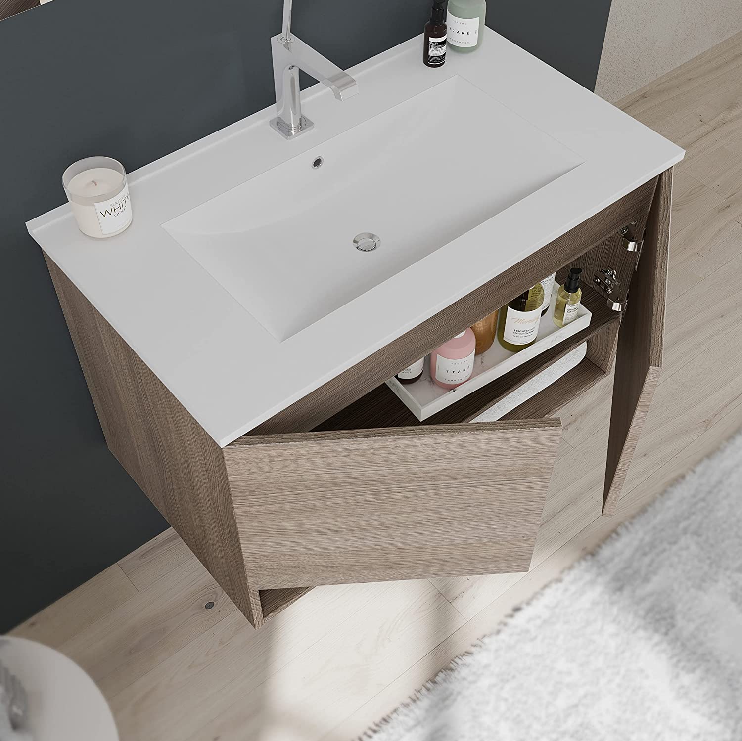 Kit meuble lavabo Oslo en aggloméré avec miroir et lumière LED 80x46 cm 53h