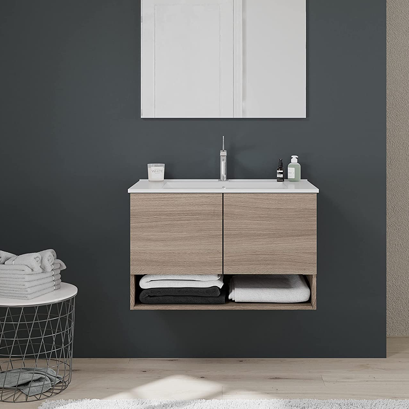 Mobile sotto lavabo "Oslo" da bagno in truciolare con specchio e luce led cm 80x46 53h