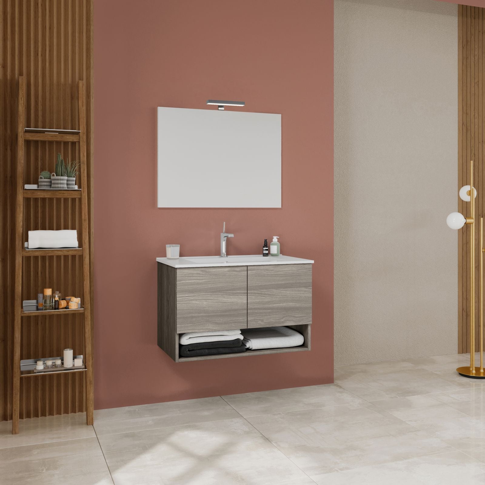 Kit meuble lavabo Oslo en aggloméré avec miroir et lumière LED 80x46 cm 53h
