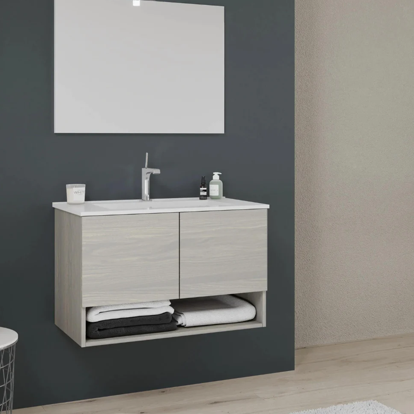 Mobile sotto lavabo "Oslo" da bagno in truciolare con specchio e luce led cm 80x46 53h