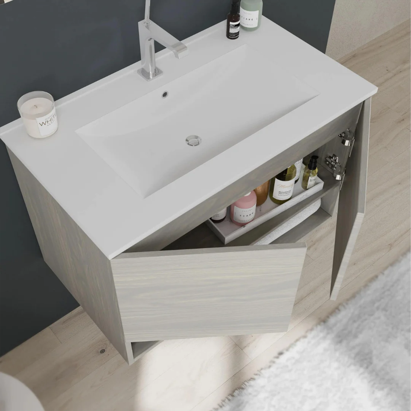 Mobile sotto lavabo "Oslo" da bagno in truciolare con specchio e luce led cm 80x46 53h