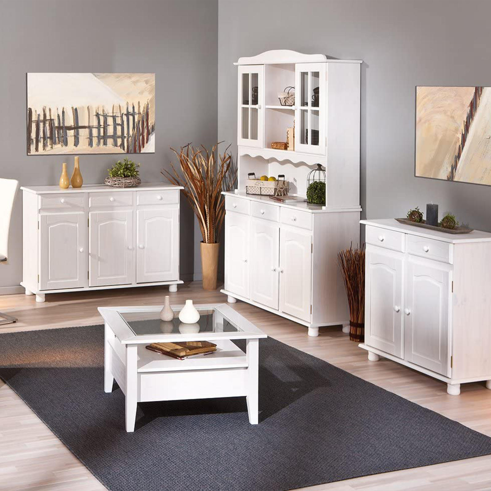 Credenza in legno massello bianco venato "Lovi" con cassetti h 87 cm