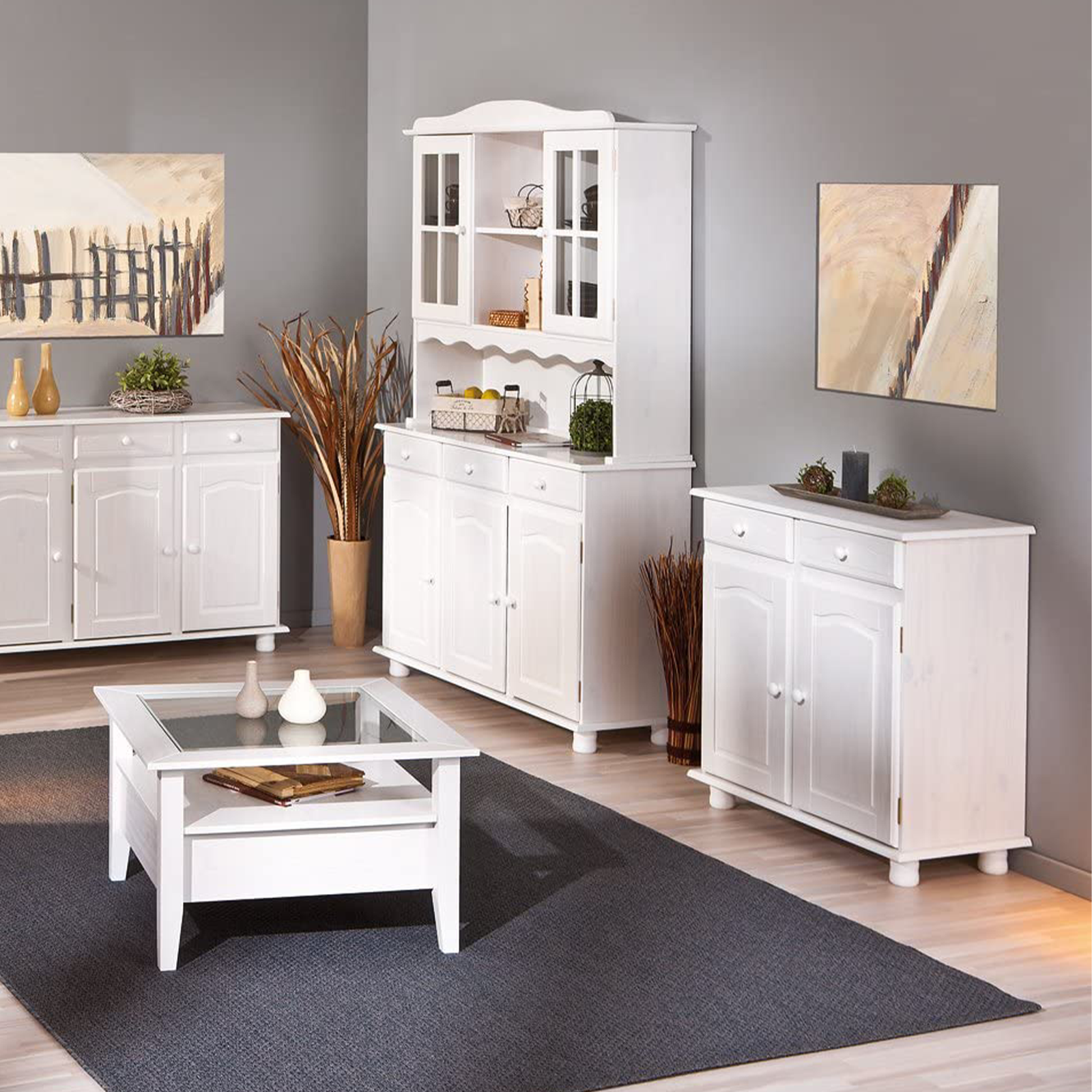 Credenza in legno massello bianco venato "Lovi" con cassetti h 87 cm