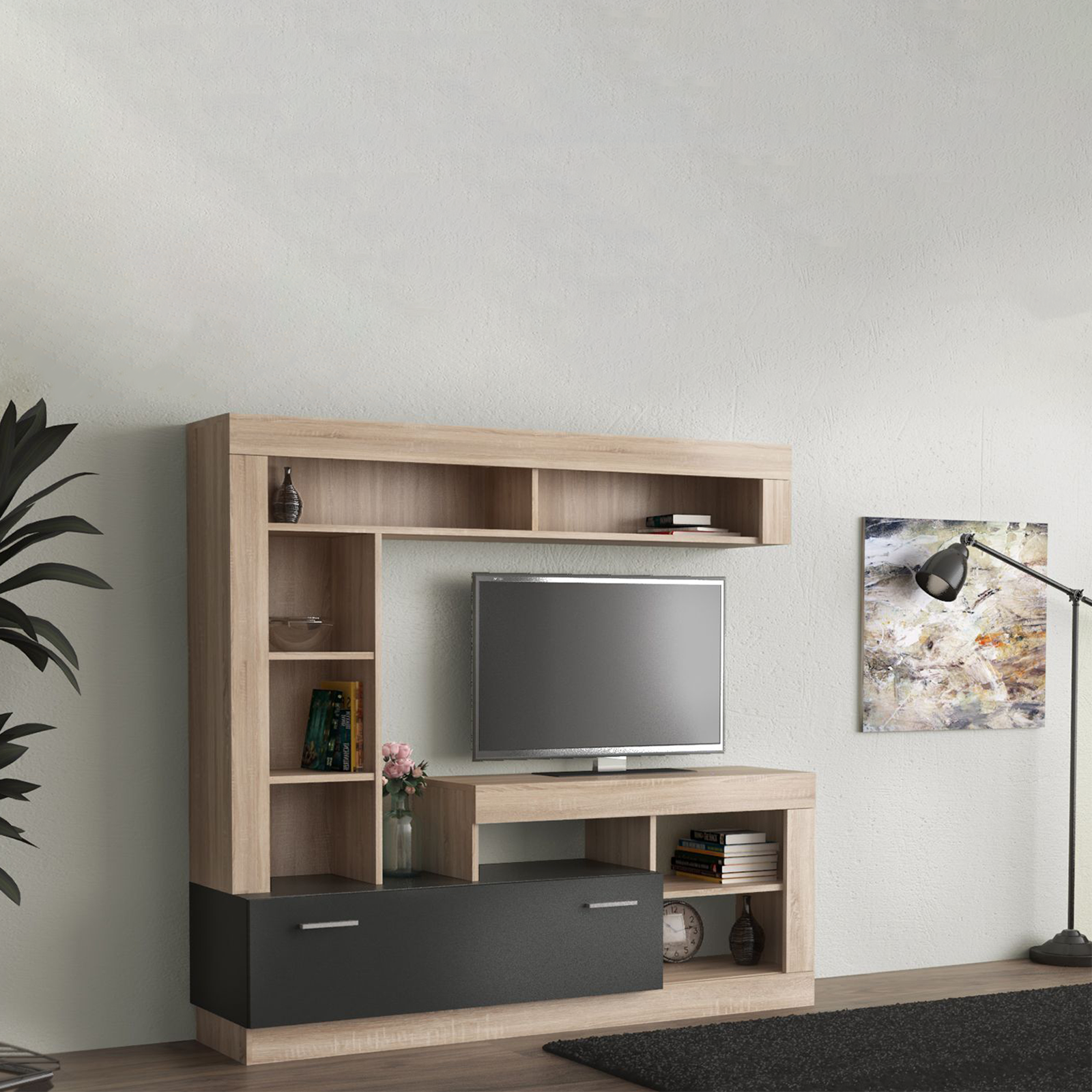 Parete attrezzata "Living Lea" moderna da soggiorno antracite e rovere cm 170x42 170h