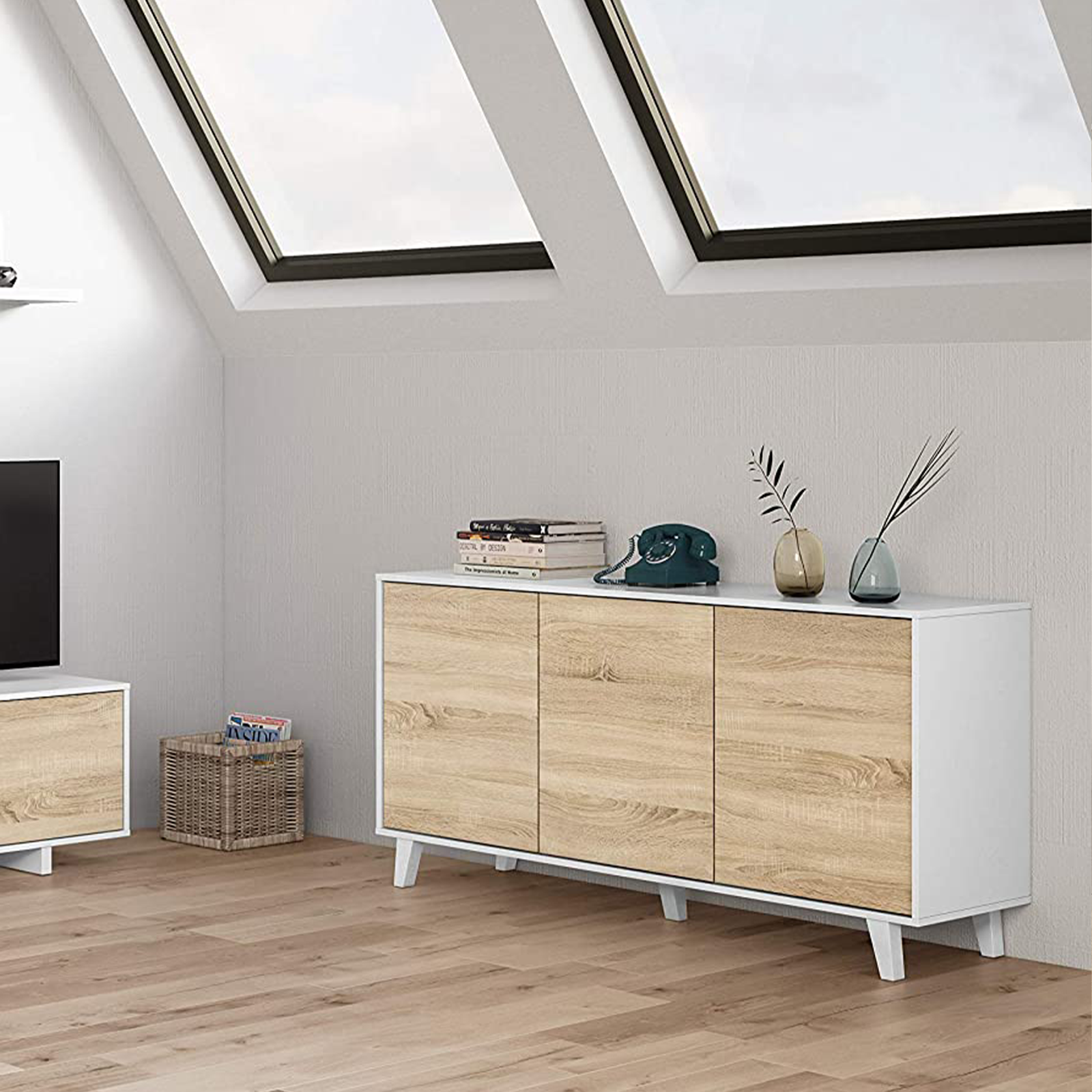 Madia credenza 3 ante "Zaiken" rovere e bianco da soggiorno cm 154x41 75h