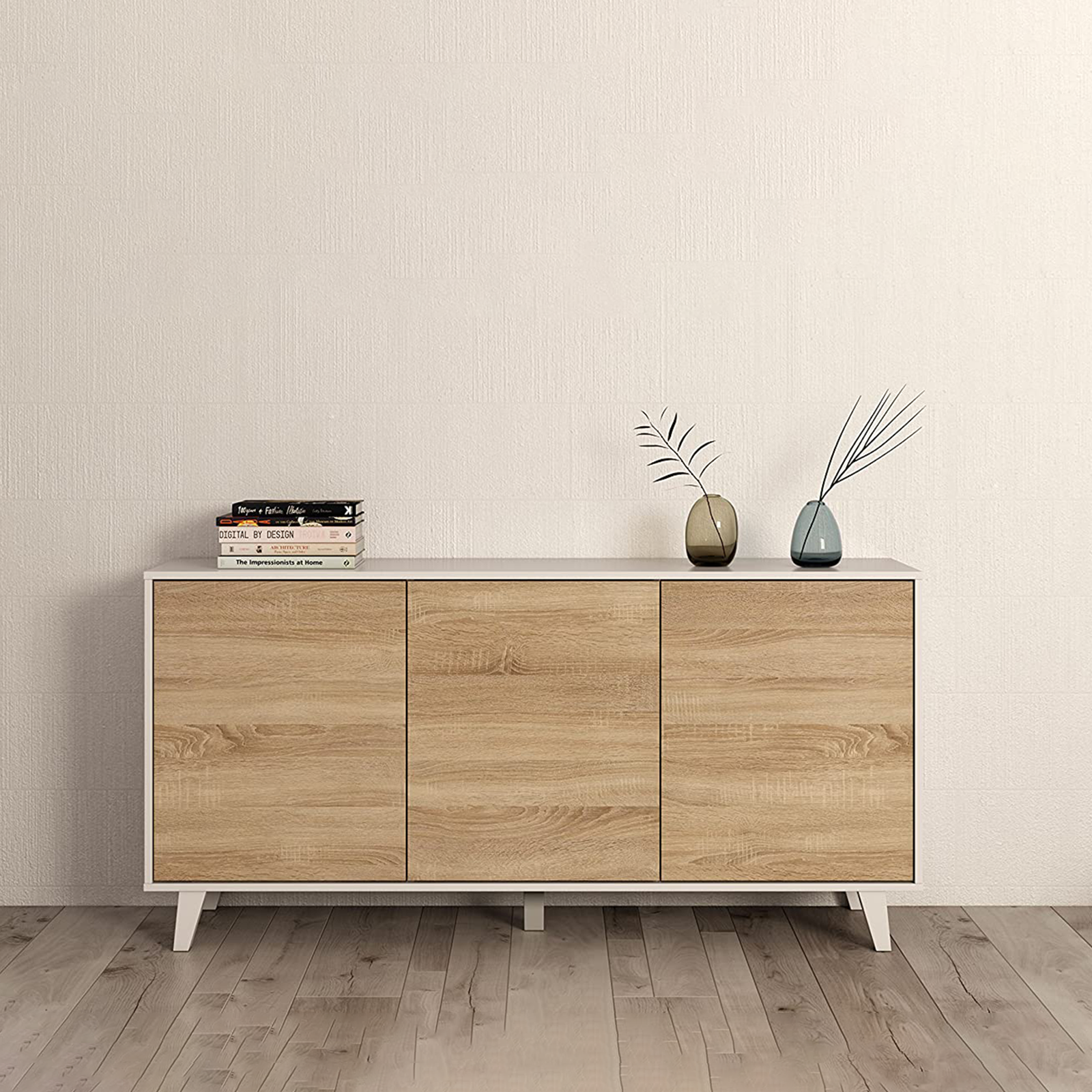 Madia credenza 3 ante "Zaiken" rovere e bianco da soggiorno cm 154x41 75h