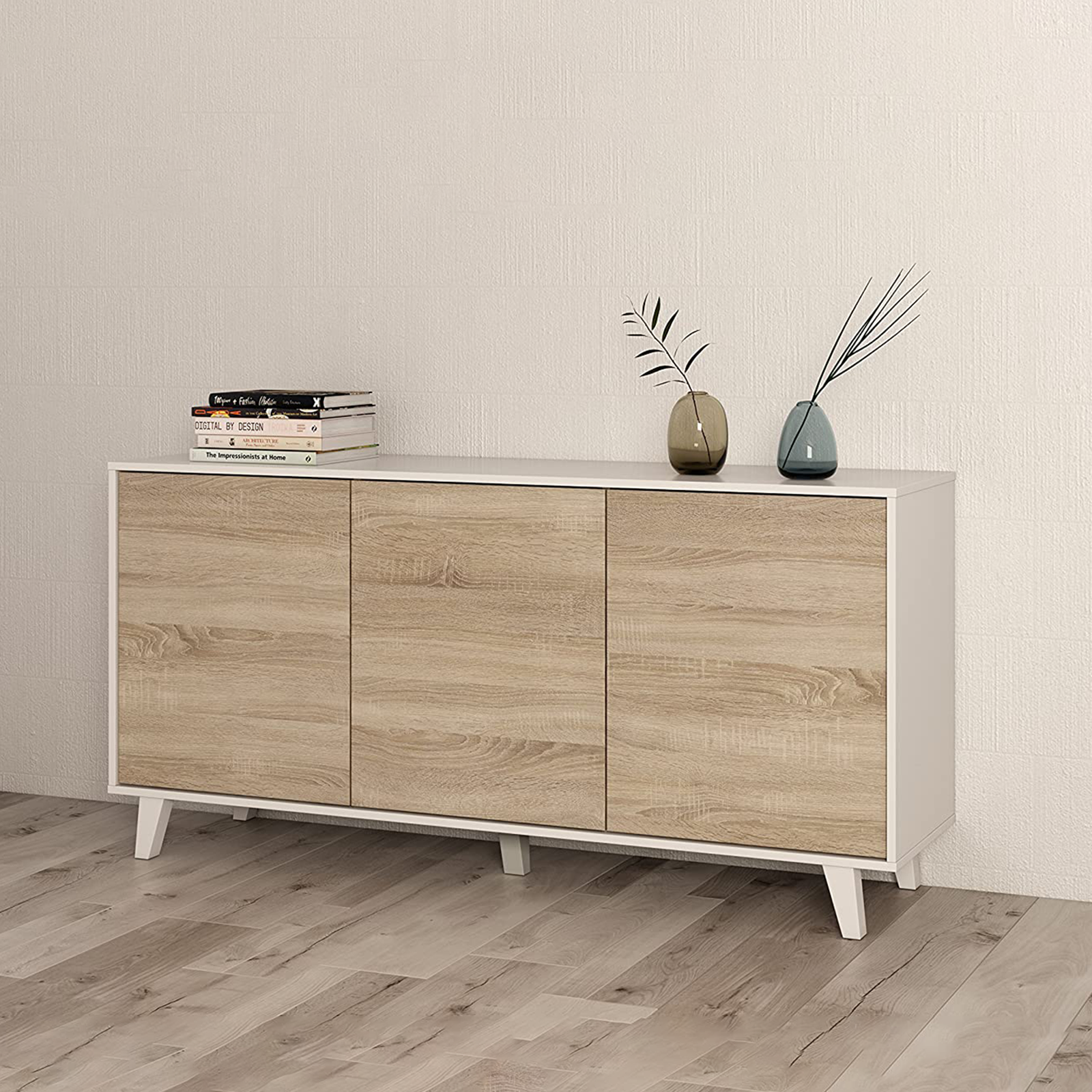 Madia credenza 3 ante "Zaiken" rovere e bianco da soggiorno cm 154x41 75h